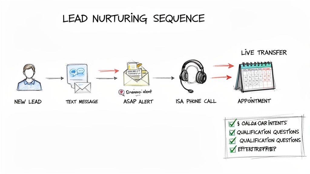 Flowchart illustrating a lead nurturing sequence from new lead to appointment with various communication steps.