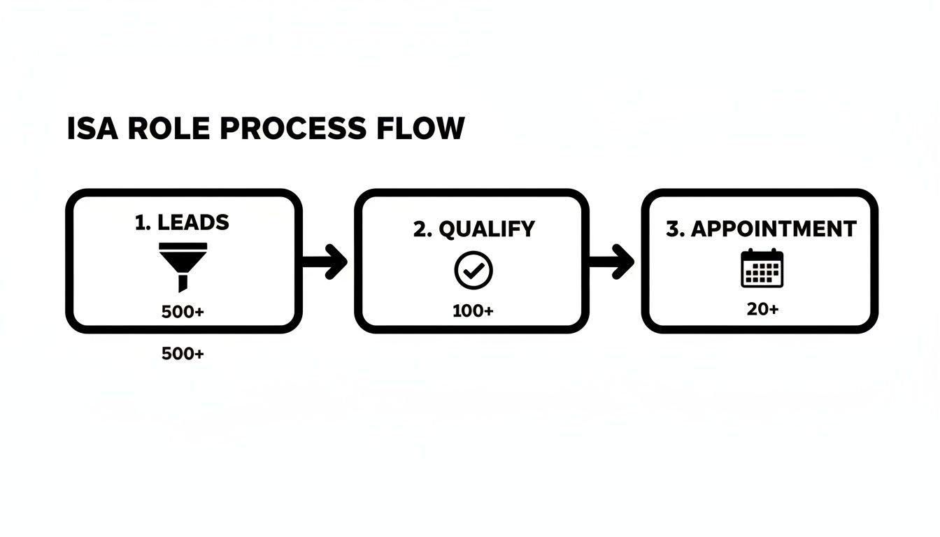 ISA role process flow diagram illustrating lead generation, qualification, and appointment stages with target numbers.