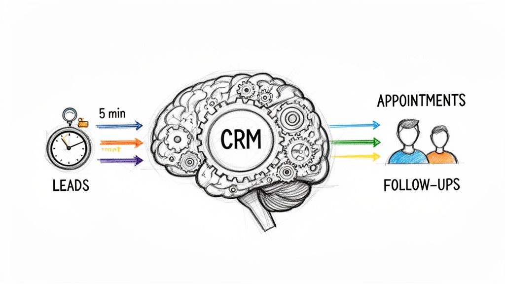 Diagram illustrating how leads are quickly processed by a CRM system, leading to appointments and follow-ups.