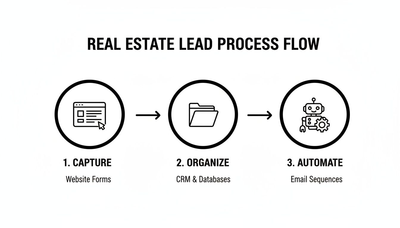 Real estate lead process flow diagram: capture from forms, organize in CRM, automate with emails.