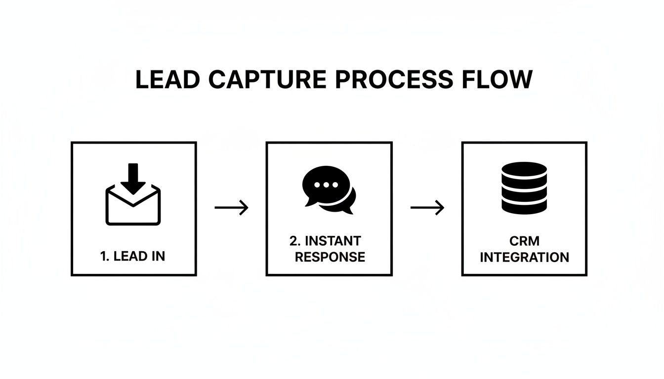 A three-step lead capture process flow diagram, showing Lead In, Instant Response, and CRM Integration.