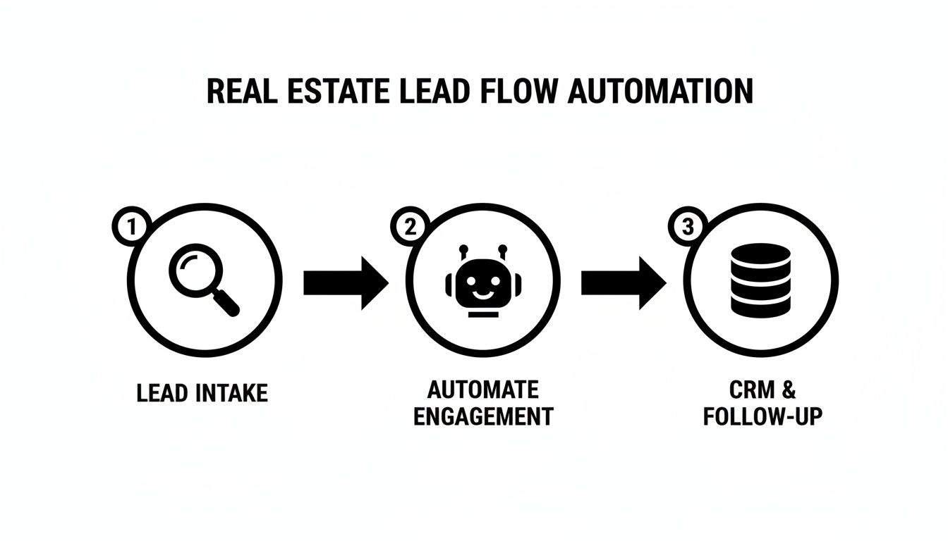 A diagram illustrating real estate lead flow automation, detailing steps for lead intake, automated engagement, and CRM & follow-up.
