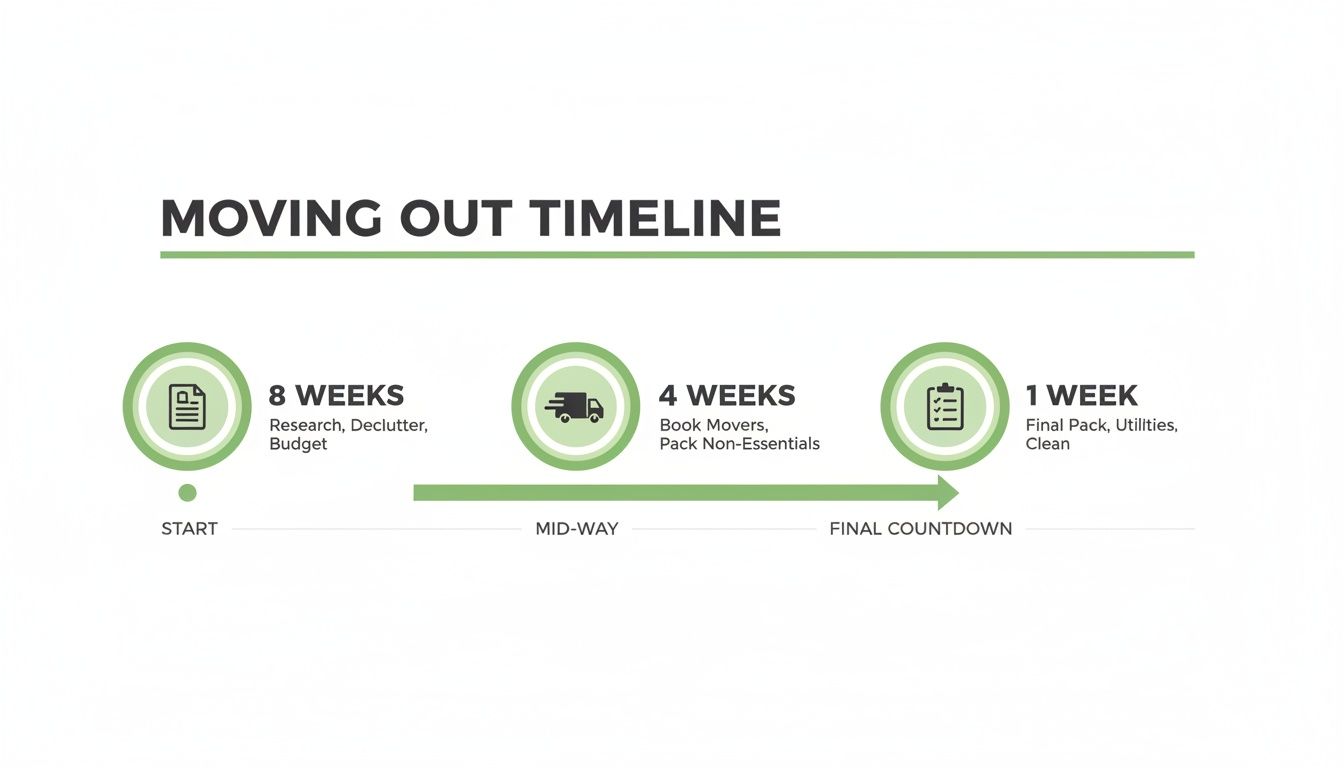 A moving out timeline infographic, detailing tasks to be completed at 8, 4, and 1 week before the move.