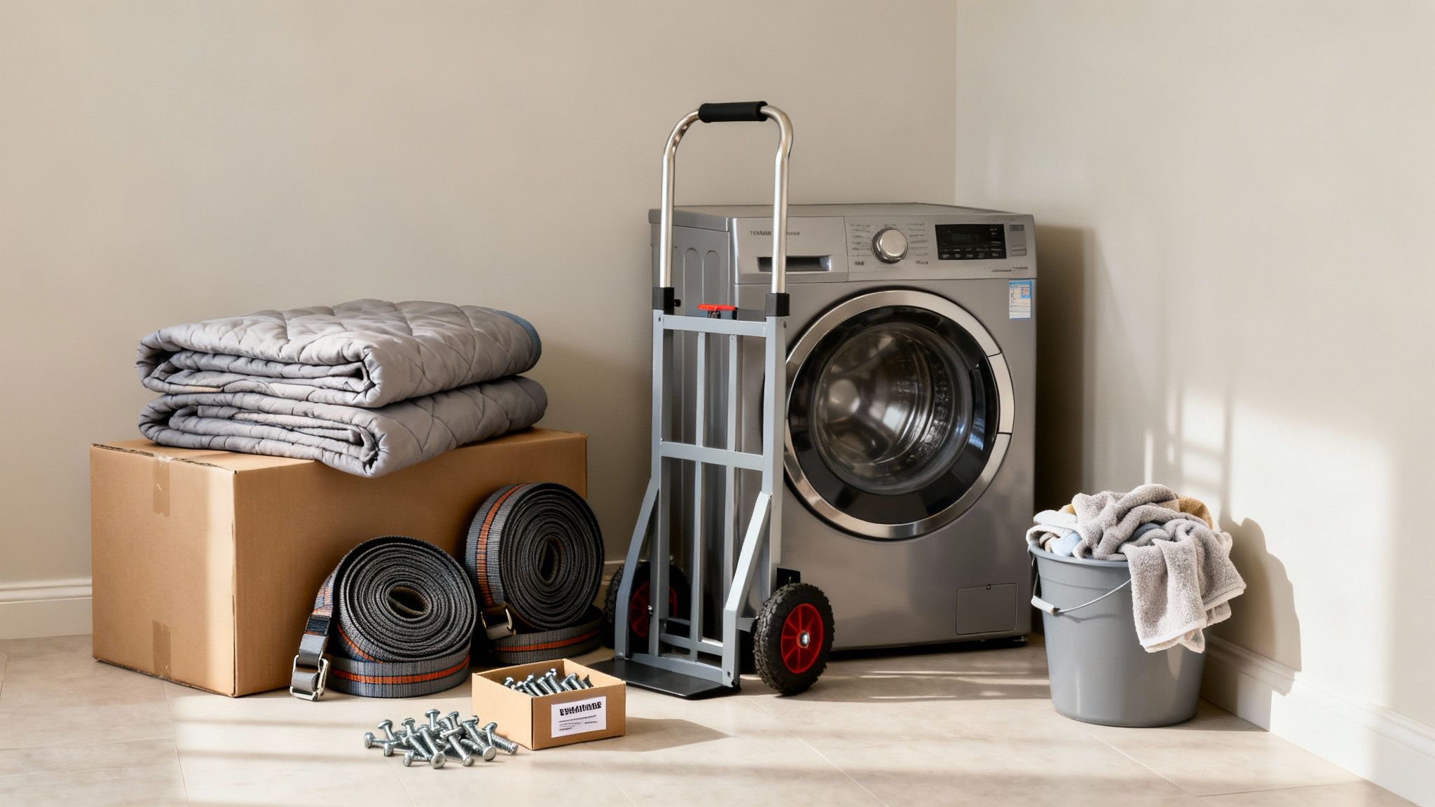 A washing machine, hand truck, moving blankets, and packing supplies ready for relocation.