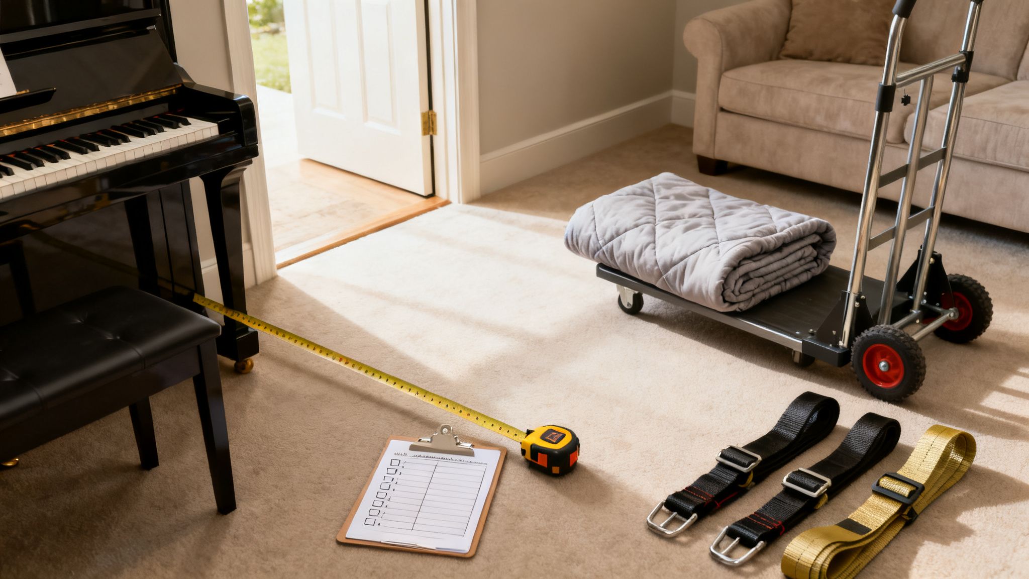 Tools for moving a piano, including measuring tape, checklist, straps, and a dolly with blanket.
