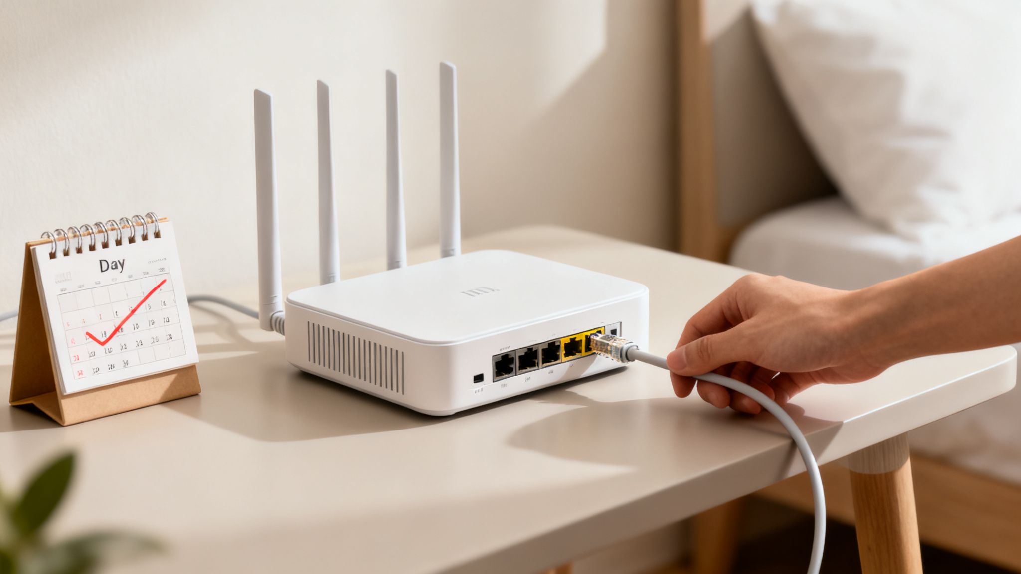 A hand plugs an Ethernet cable into a white Wi--Fi router on a table next to a calendar.