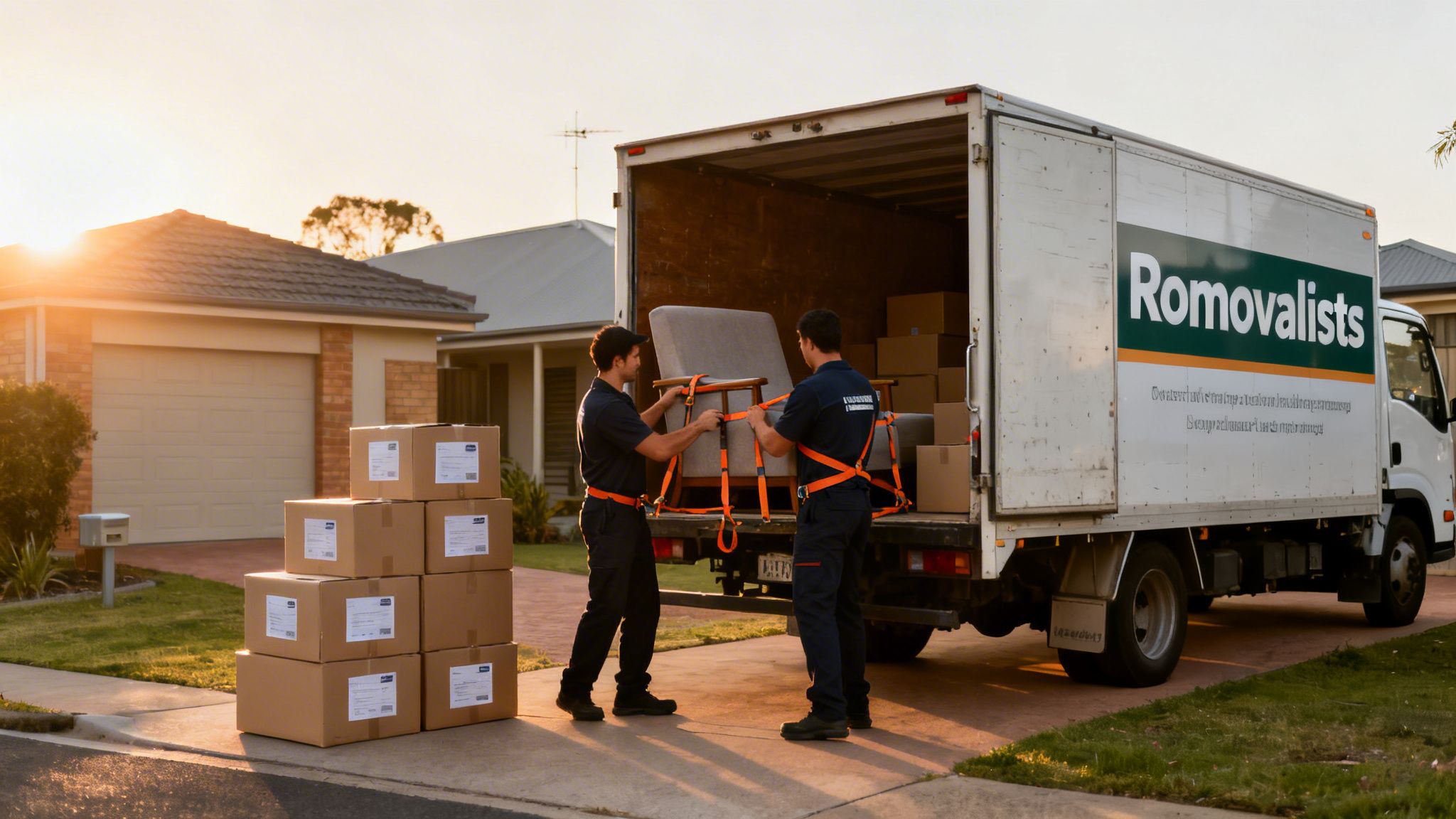 Two professional movers loading an armchair into a white Romovalists moving truck at sunset, with boxes nearby.