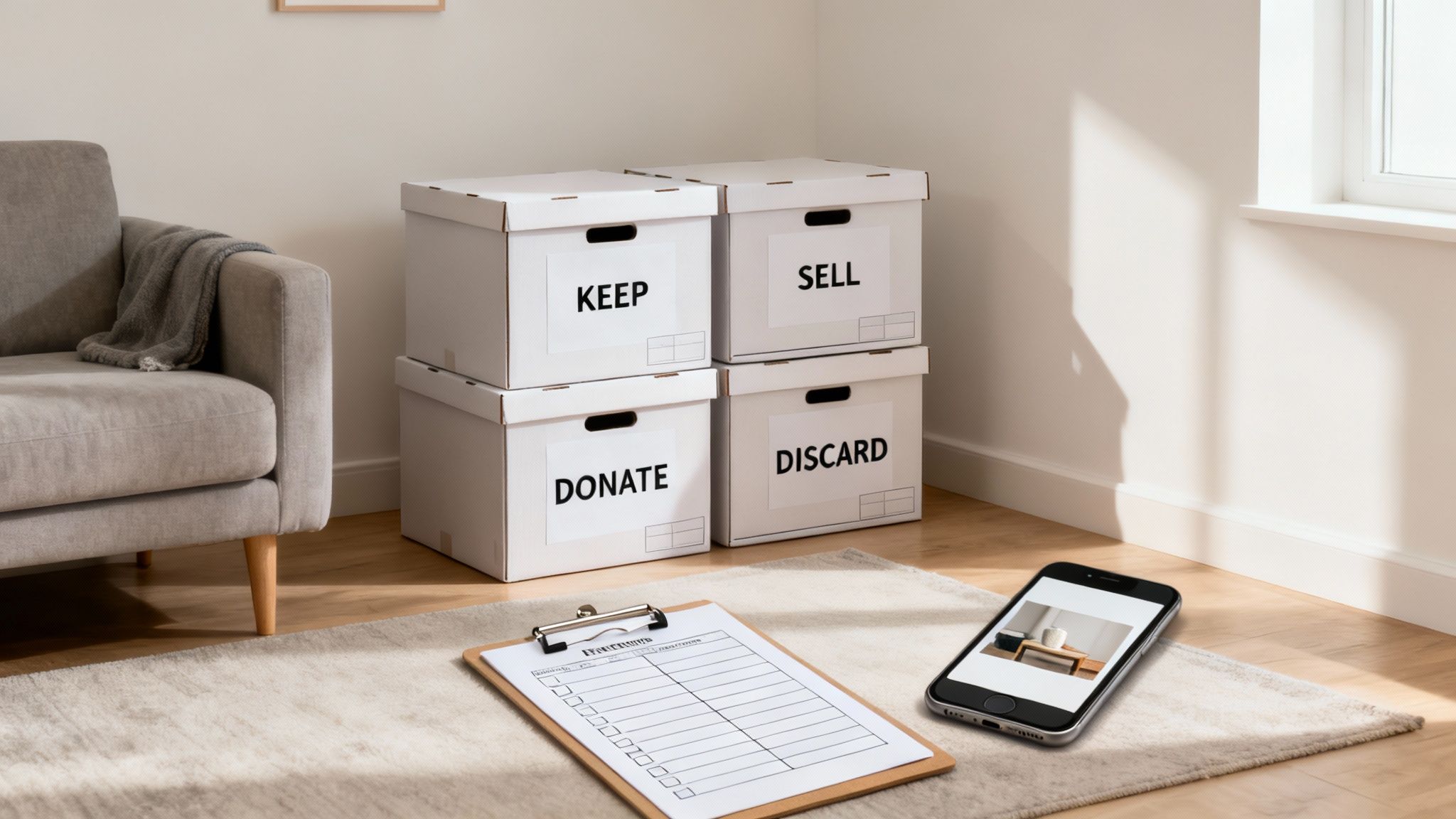 Four labeled moving boxes for sorting items, with a checklist and smartphone on a rug.