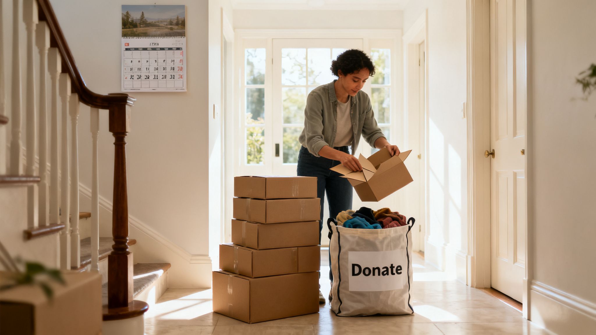 A woman packing clothes into a "Donate" bag and cardboard boxes in a bright hallway.