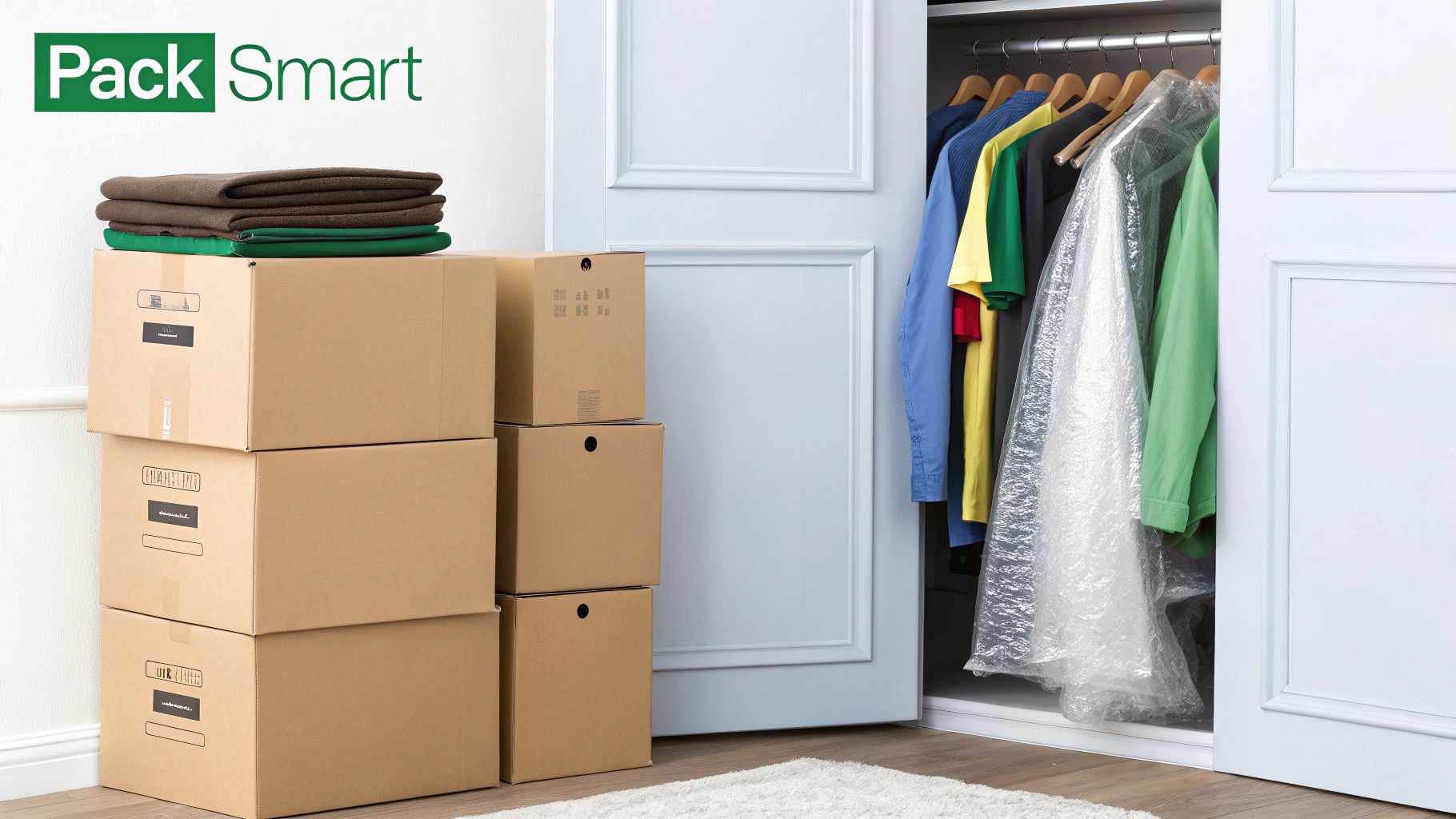Moving boxes stacked next to an open closet with clothes, some protected, and a 'Pack Smart' logo.