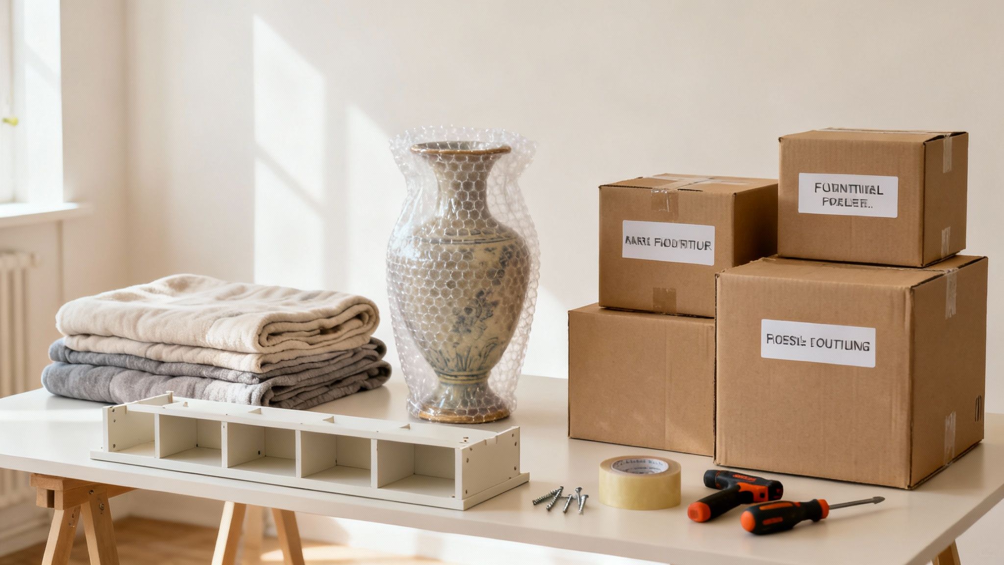 A white table with moving boxes, a bubble-wrapped vase, folded linens, and tools for packing.