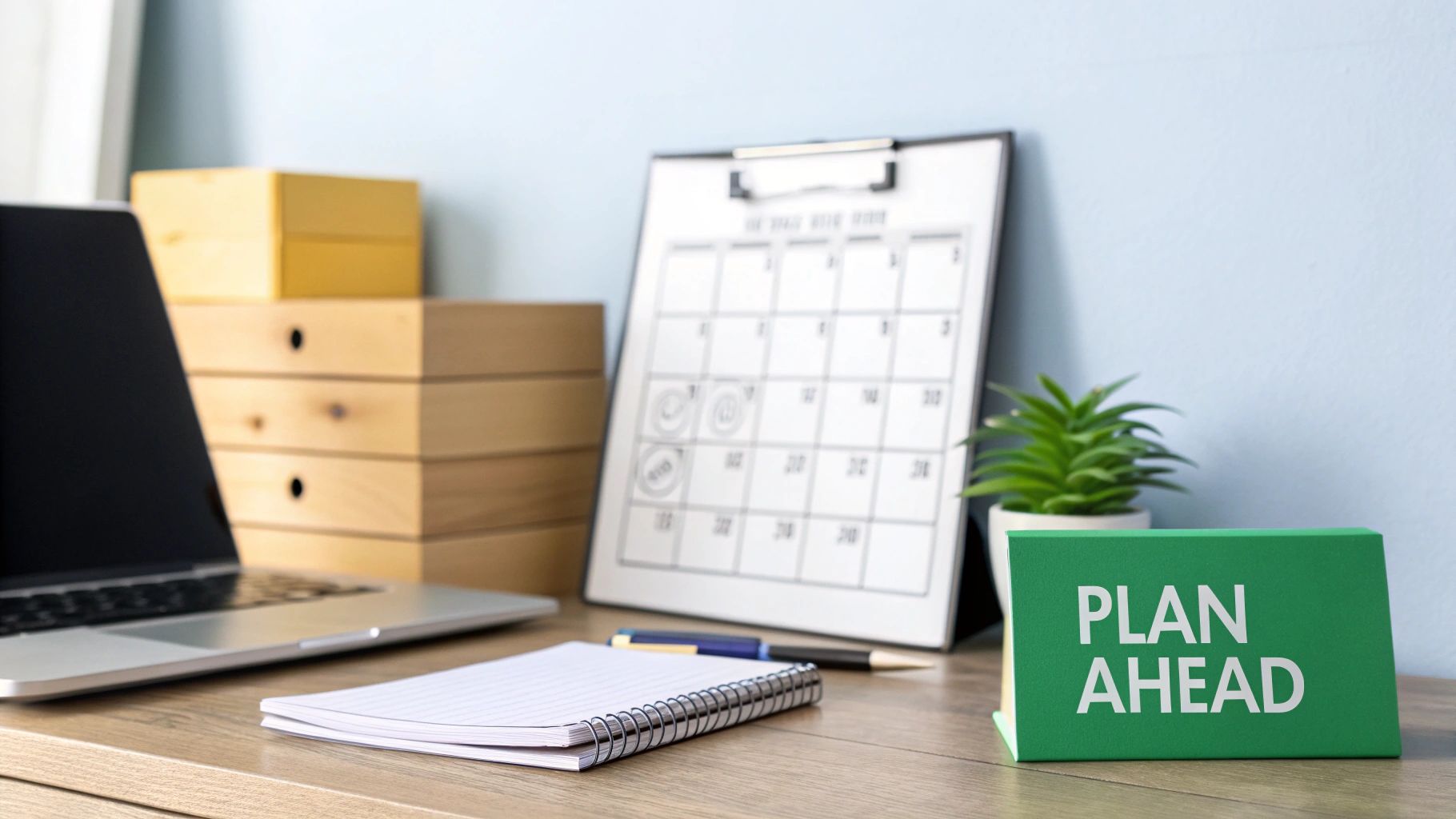 An organized desk with a laptop, a calendar, and a 'PLAN AHEAD' sign for productivity.