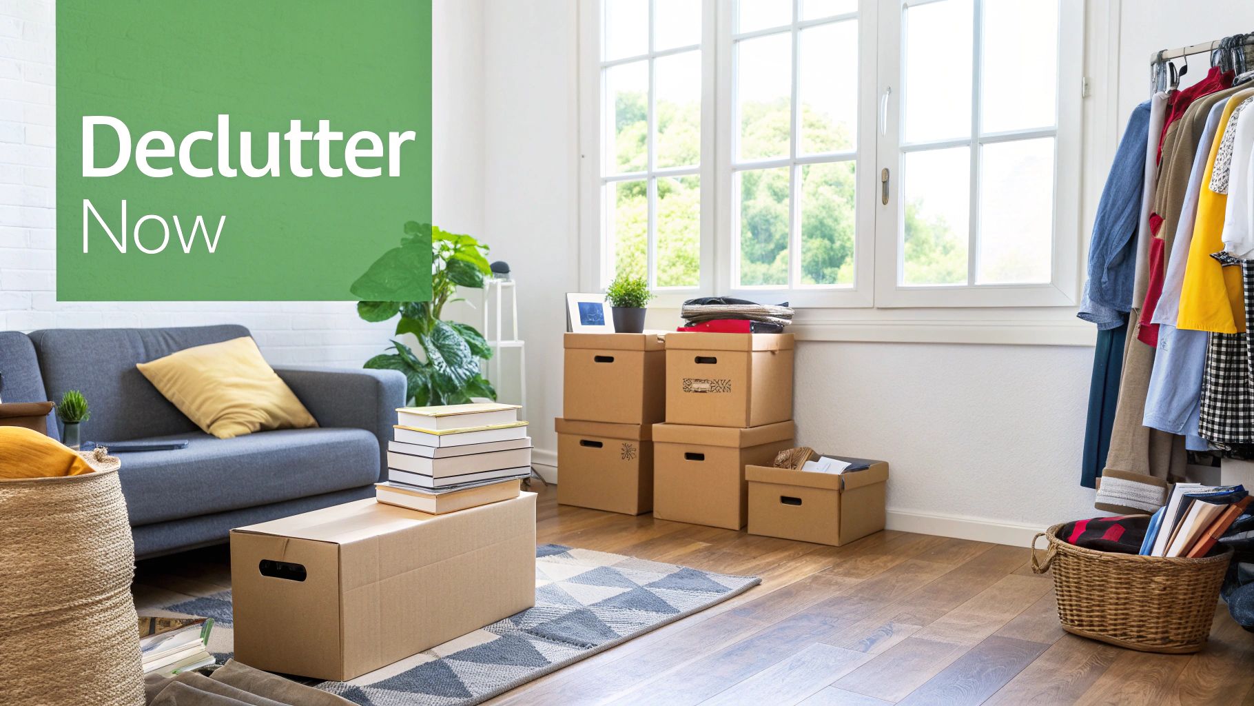 A neat pile of clothes folded on a wooden floor, ready for donation or packing, with a donation box nearby.