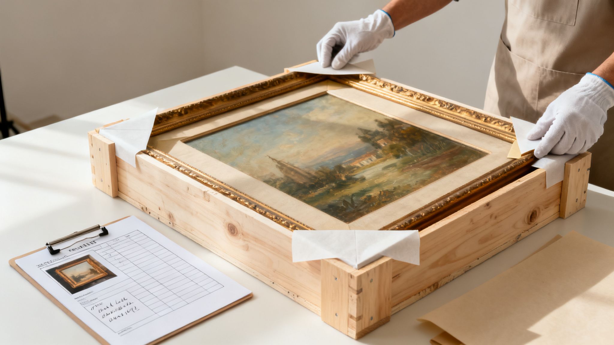 Person in white gloves carefully packs a framed painting into a wooden crate for transport, with a checklist nearby.