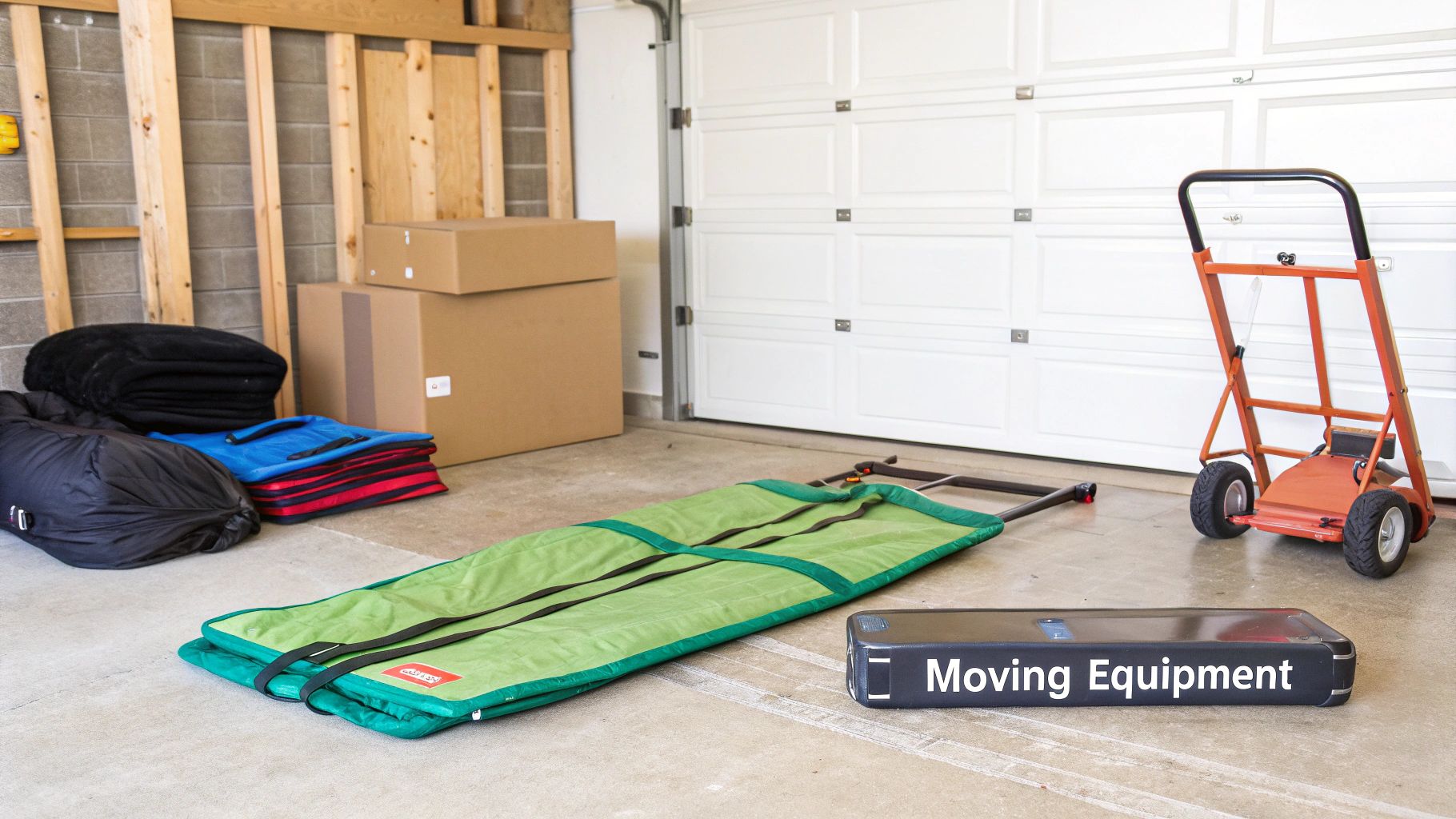 Man using a hand truck to move stacked boxes, illustrating proper moving equipment.