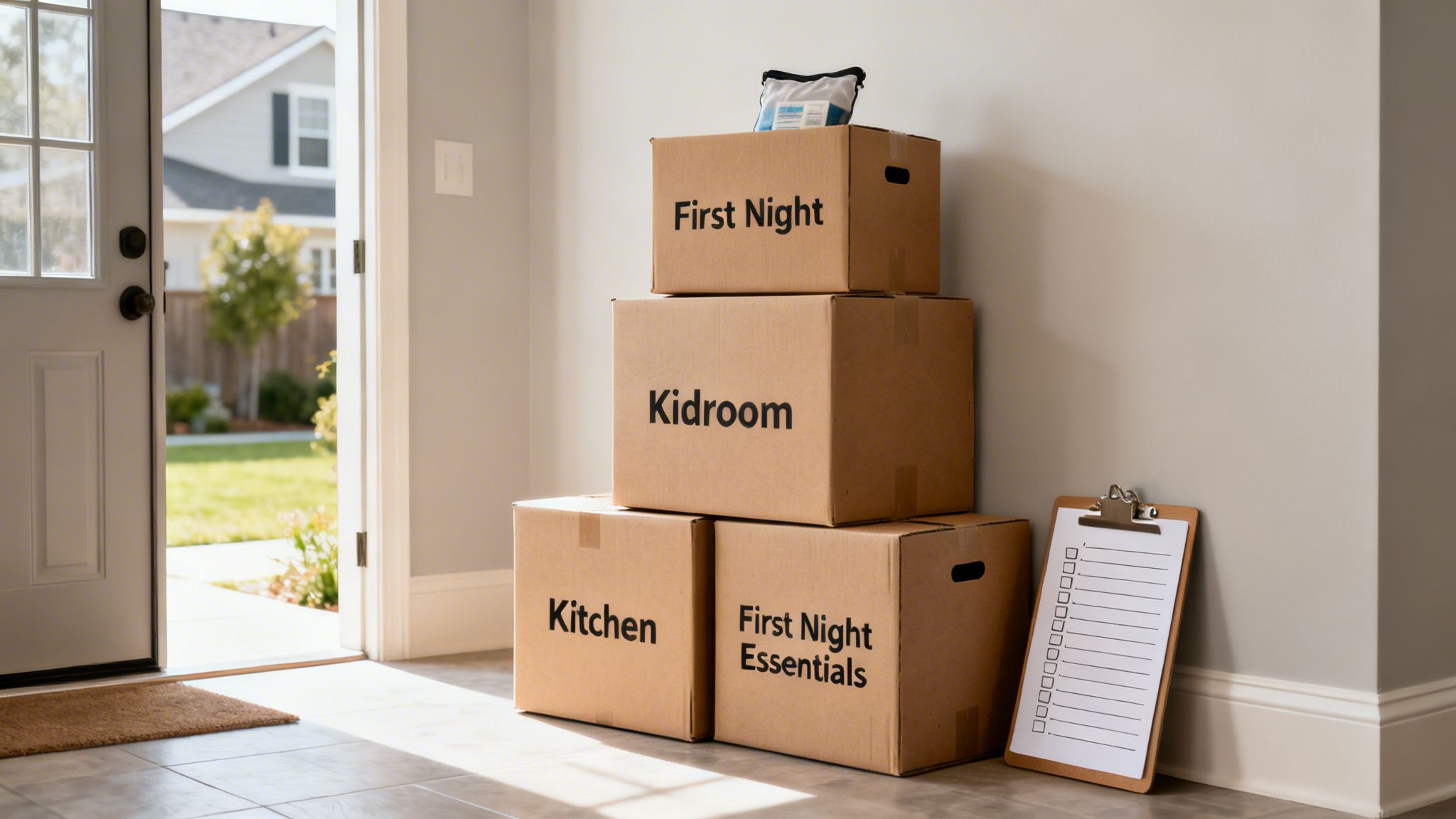 A stack of labeled moving boxes by an open front door, suggesting a new home.