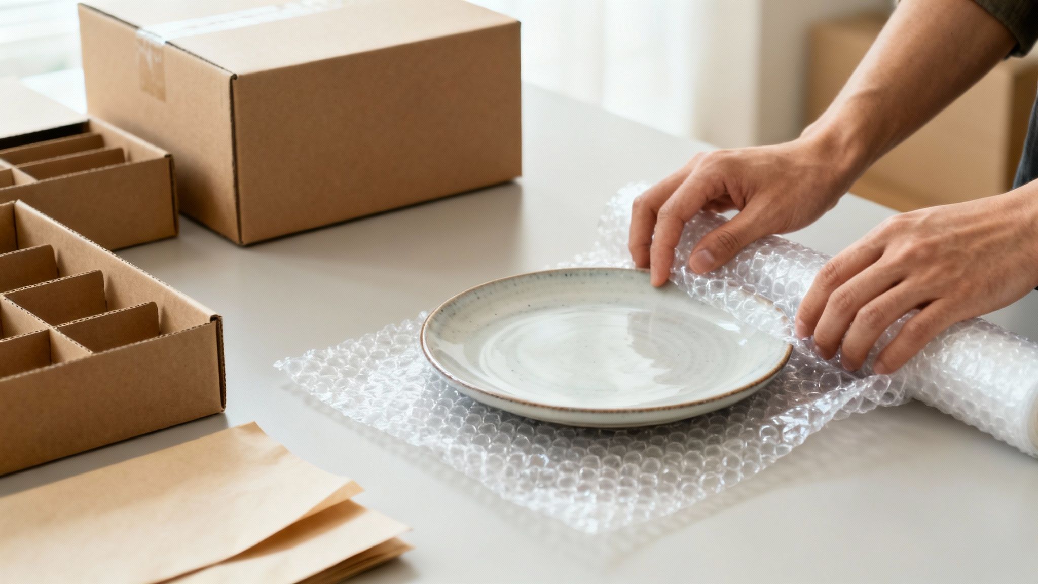A person's hands wrap a ceramic plate in clear bubble wrap on a table, with moving boxes.