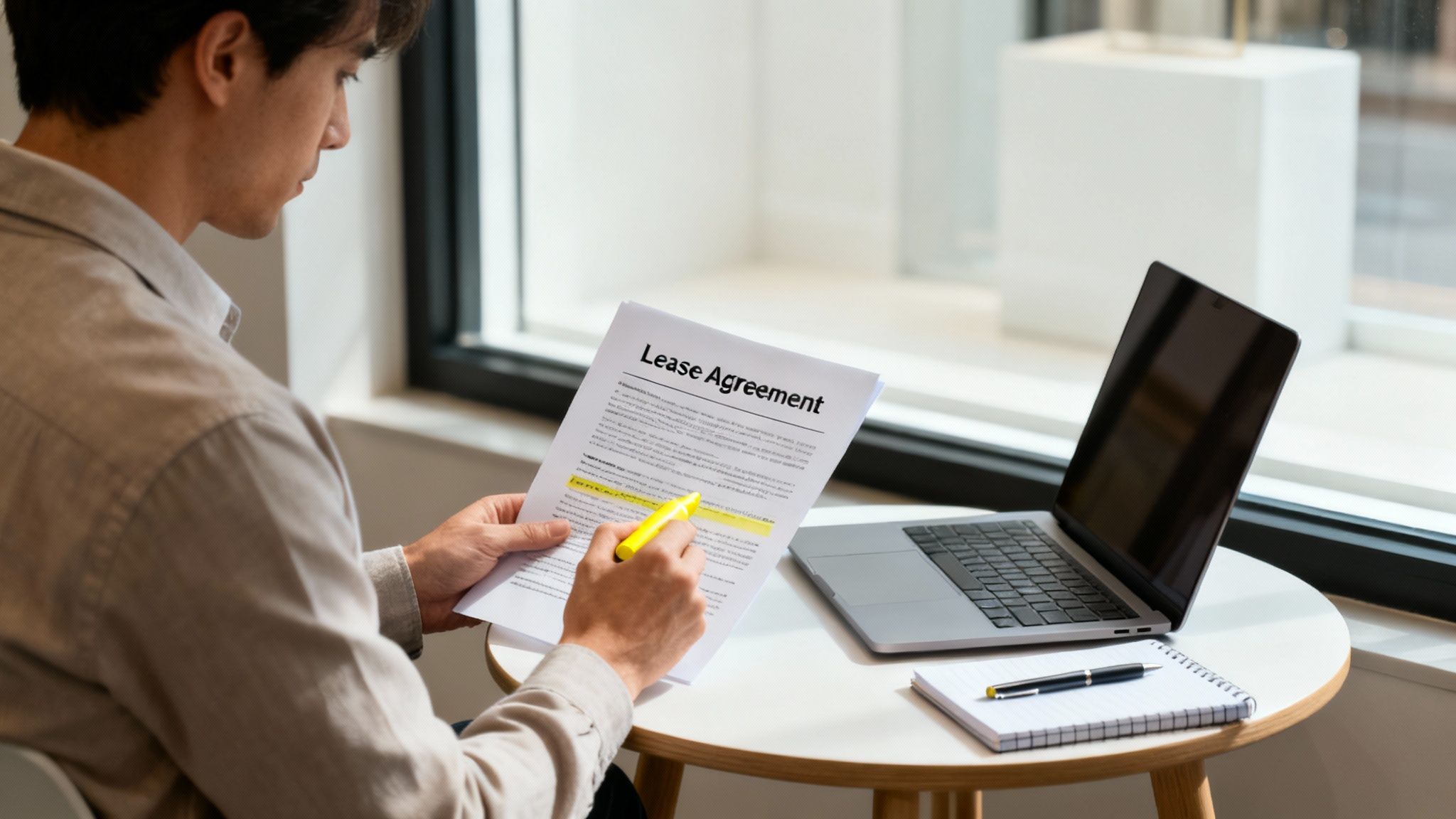A person intently reading and highlighting sections of a 'Lease Agreement' document next to a laptop.