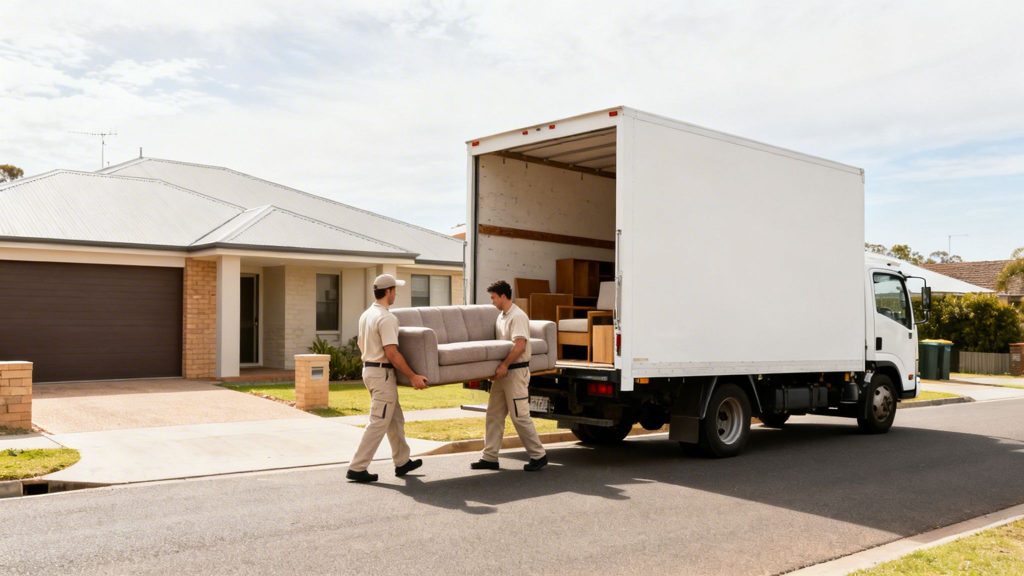 Two movers carry a grey sofa from a house to a white moving truck on a sunny day.
