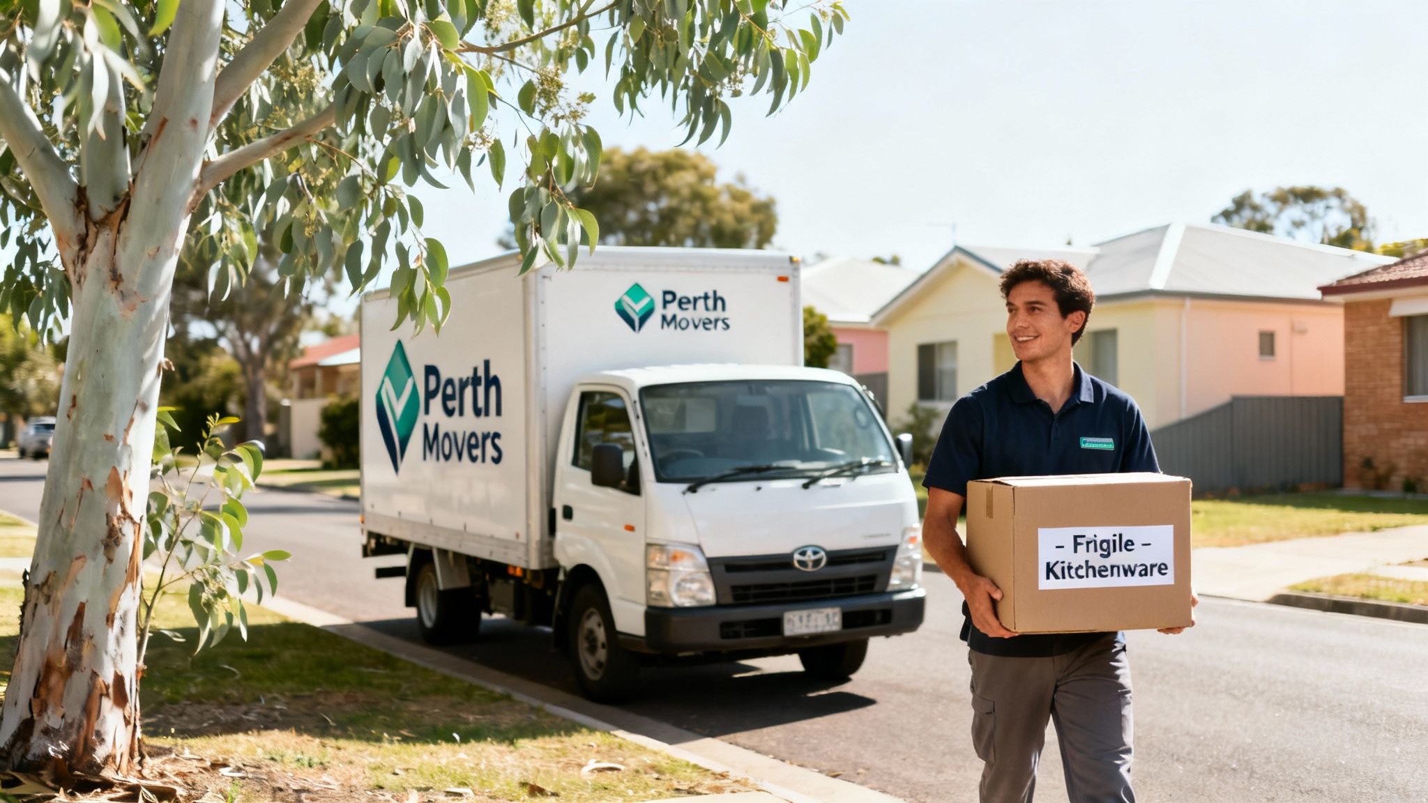 A smiling mover from Perth Movers carries a fragile kitchenware box on a sunny street.