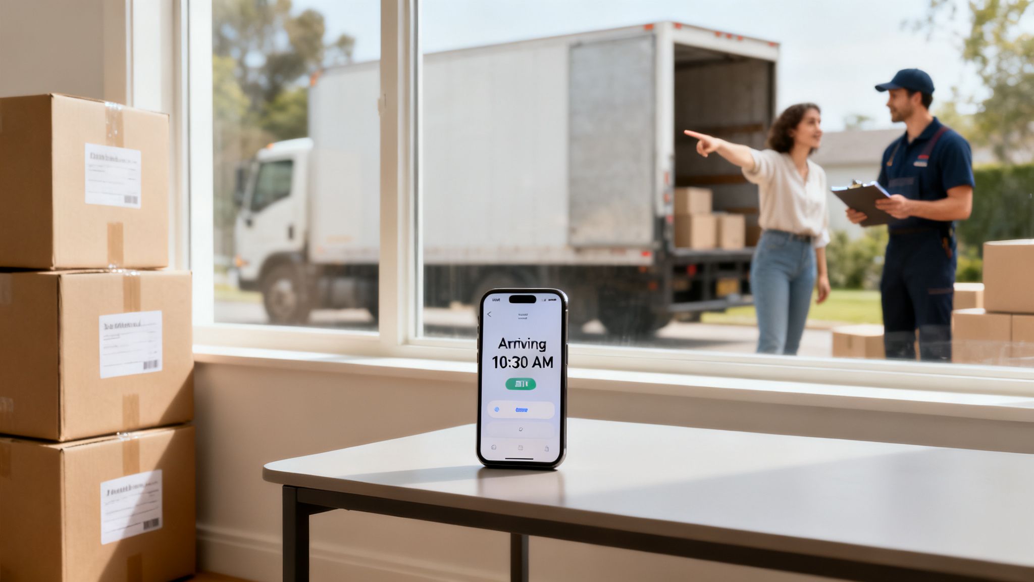 A woman talks to a delivery man by a moving truck, with boxes and a phone tracking delivery.