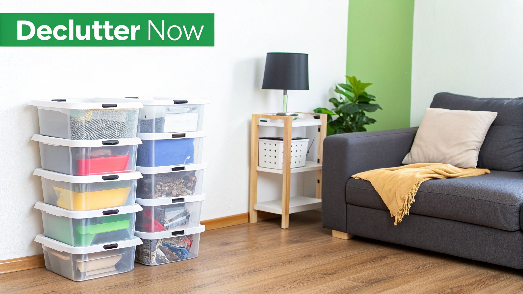 A person sorting through clothes and items on a bed, with boxes labelled "Keep," "Donate," and "Toss" nearby.