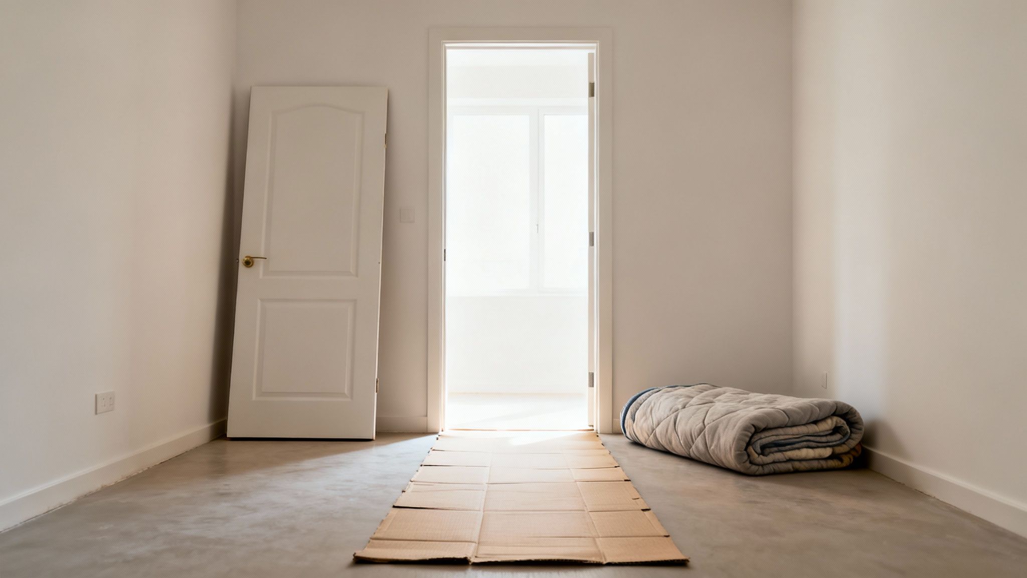 An empty room ready for moving, with a cardboard path, rolled blanket, and open door.