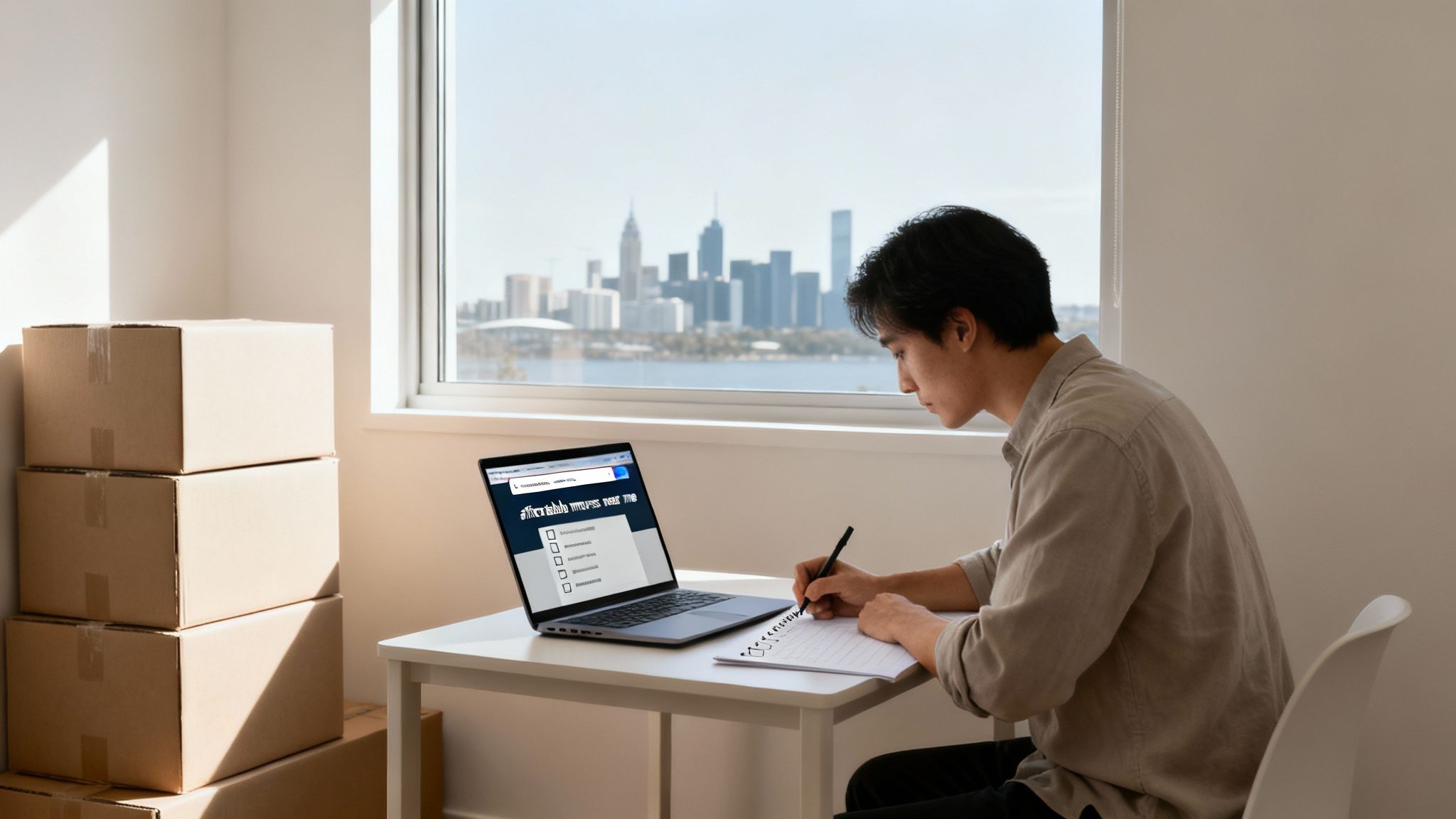 A person uses a laptop and notebook to plan a move, with boxes and a city view.
