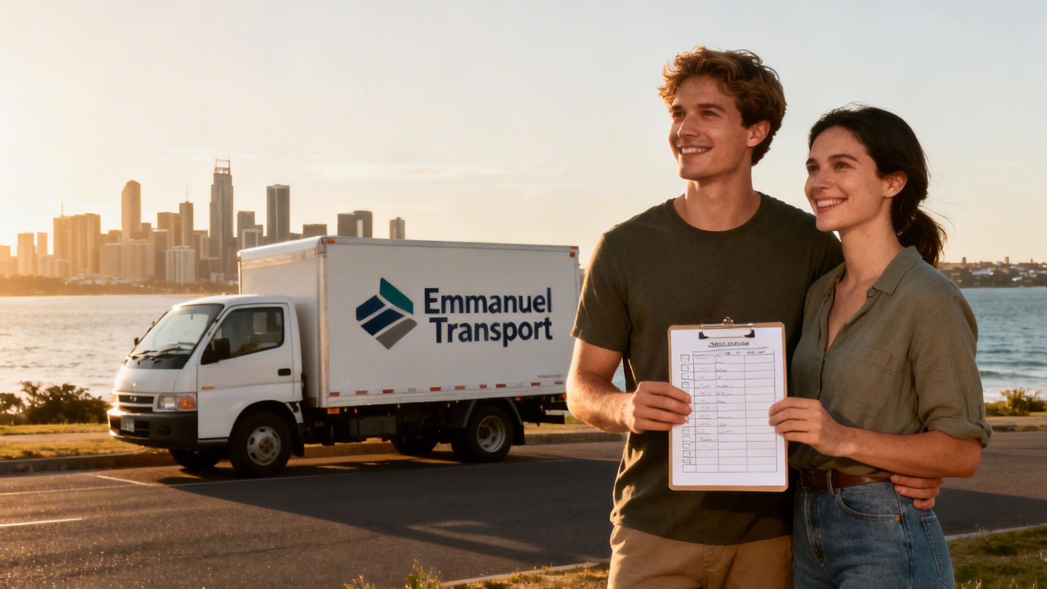 A smiling couple holds a checklist, standing in front of an Emmanuel Transport moving truck and a city skyline at sunset.