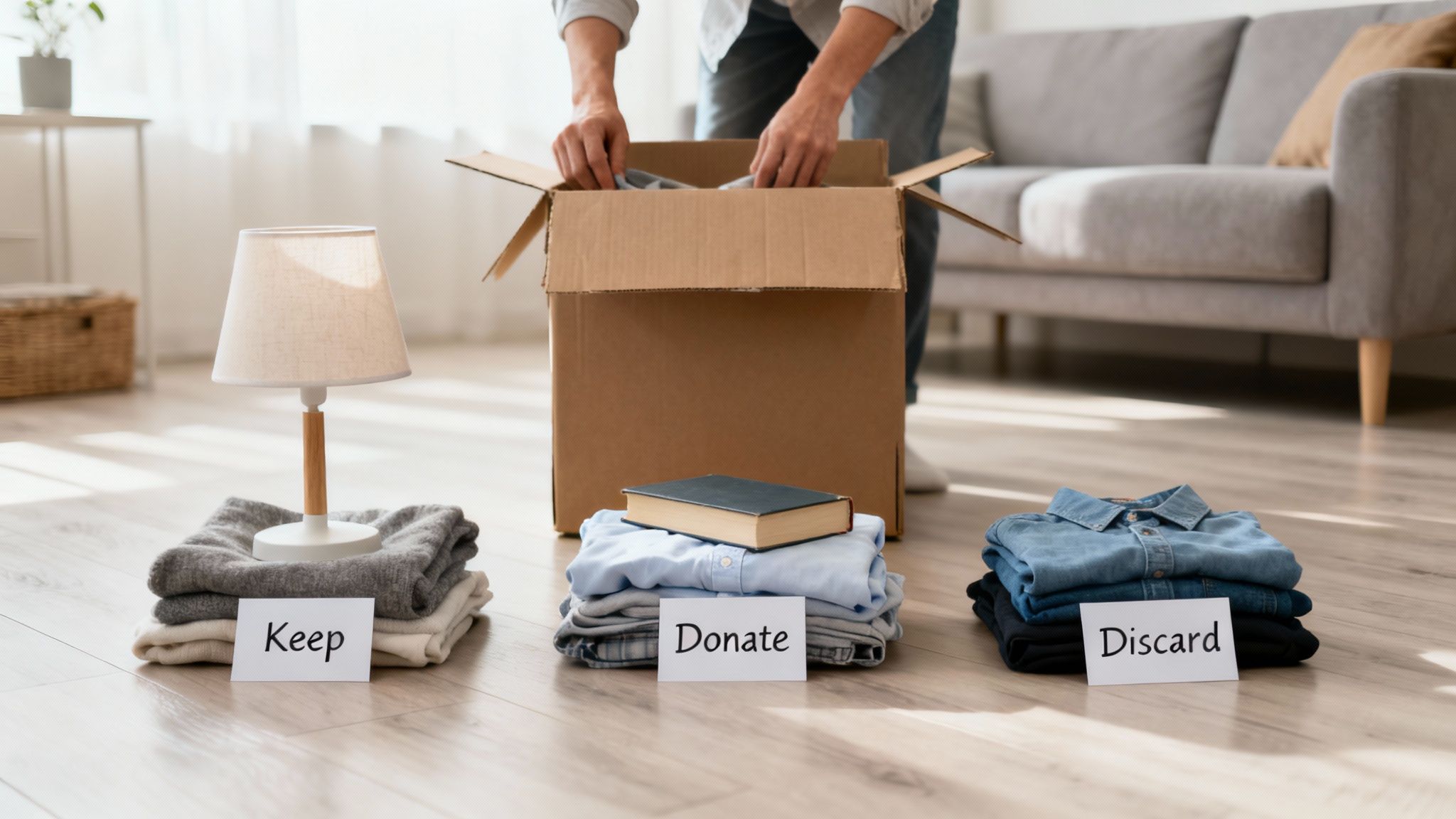 A person organizes belongings into piles labeled 'Keep', 'Donate', and 'Discard' during decluttering.