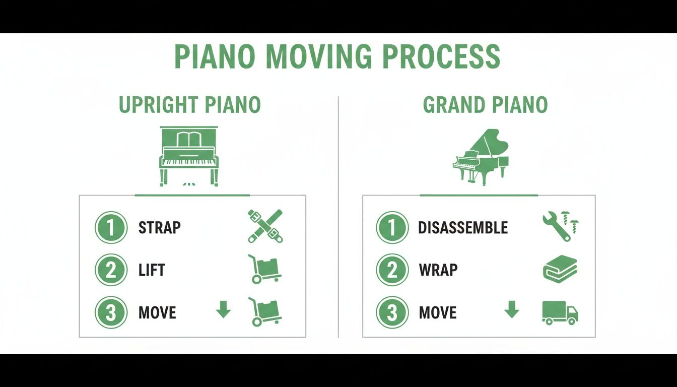 A detailed diagram illustrating the step-by-step process for moving both upright and grand pianos.