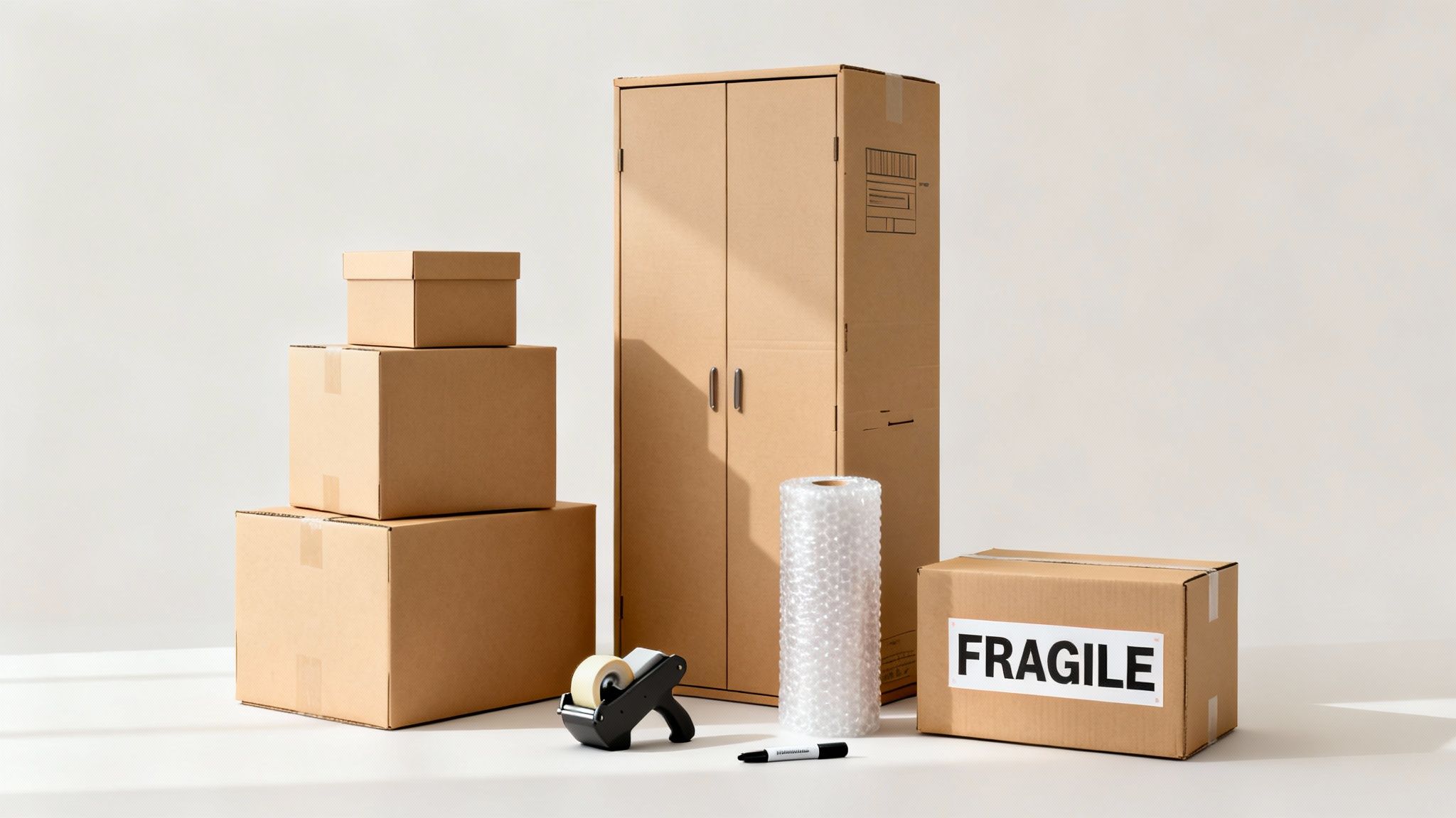 A collection of moving supplies, including stacked cardboard boxes, a wardrobe box, bubble wrap, and tape, on a white background.