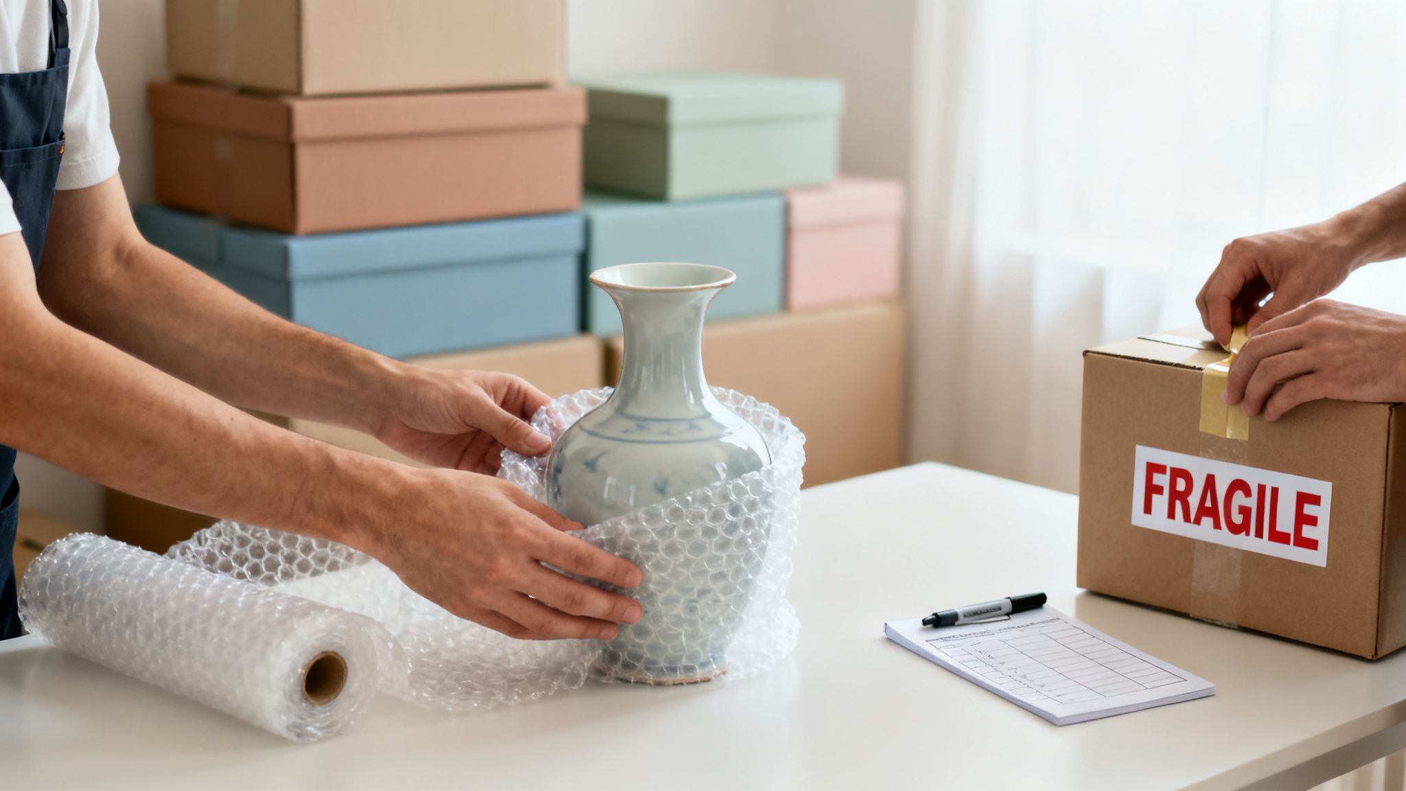 Hands packing a delicate vase with bubble wrap and taping a 'FRAGILE' moving box on a white table.