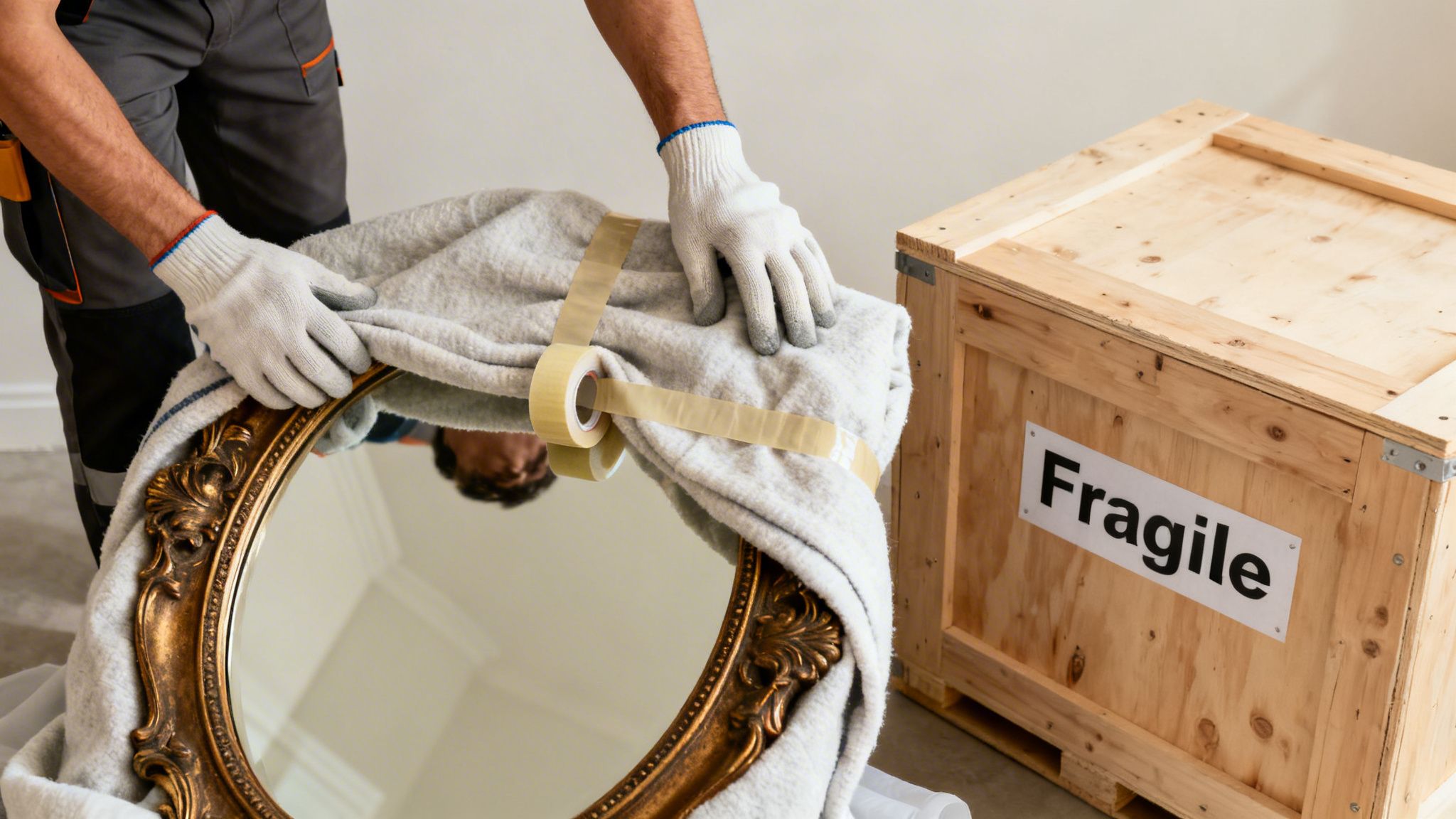 Person in work gloves carefully wraps an ornate golden mirror with a blanket and tape, next to a 'Fragile' wooden crate.
