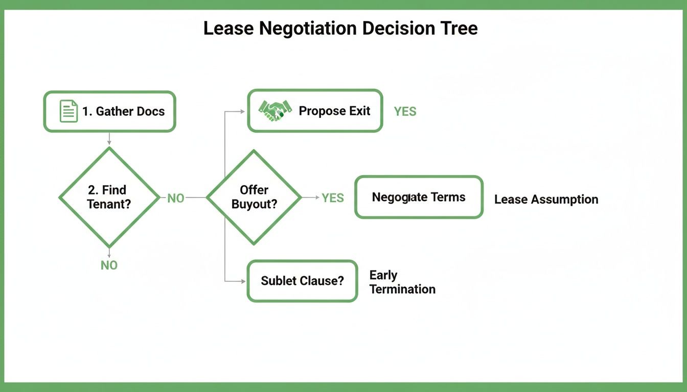 A flowchart illustrating a lease negotiation decision tree with options for exit, buyout, or early termination.
