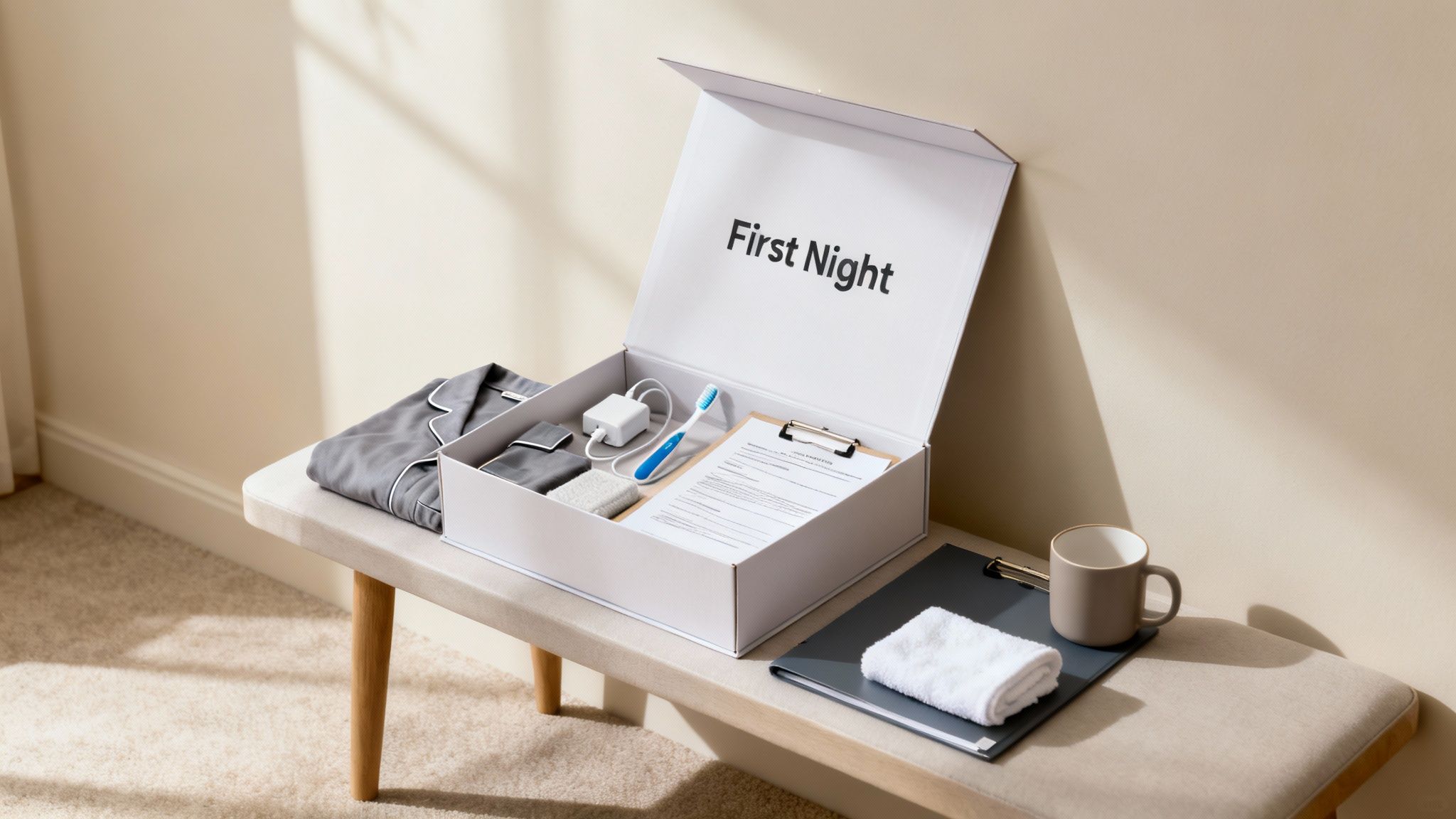 An open 'First Night' box on a bench with pajamas, a toothbrush, charger, documents, a towel, and a mug.