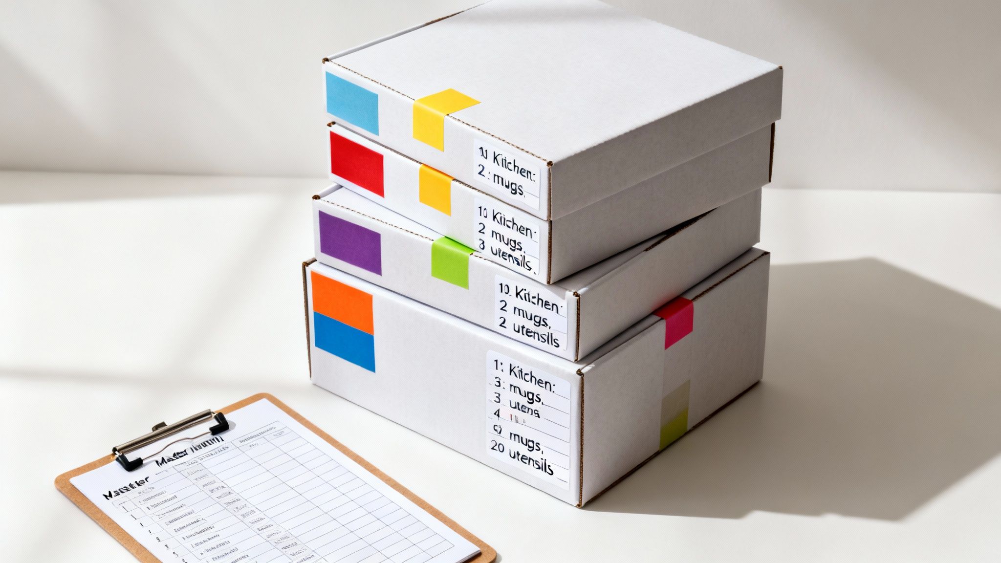 Four white boxes packed for moving, labeled with kitchen items like mugs and utensils.