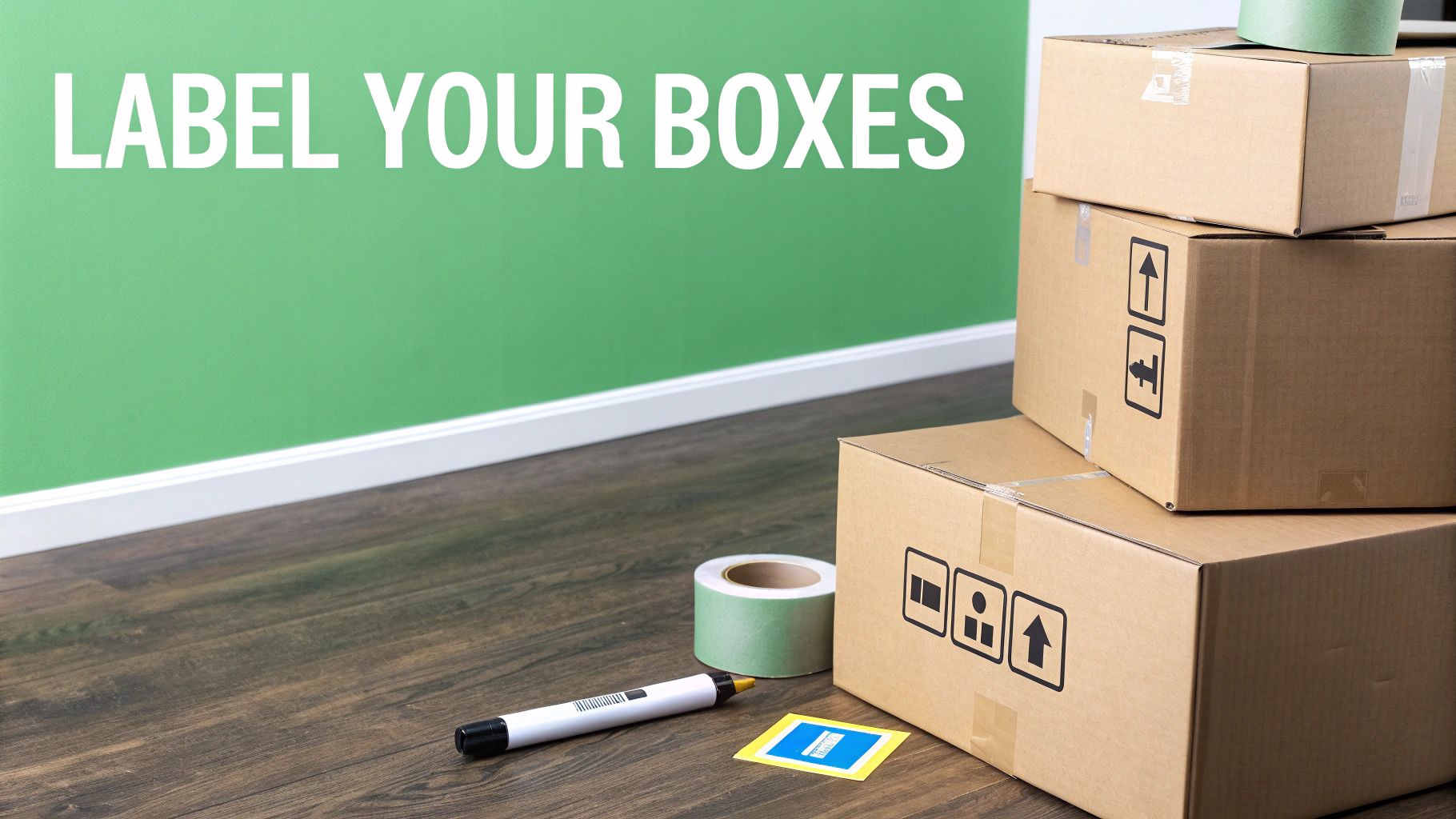 A moving box being labelled with a black marker, with other packed boxes in the background.