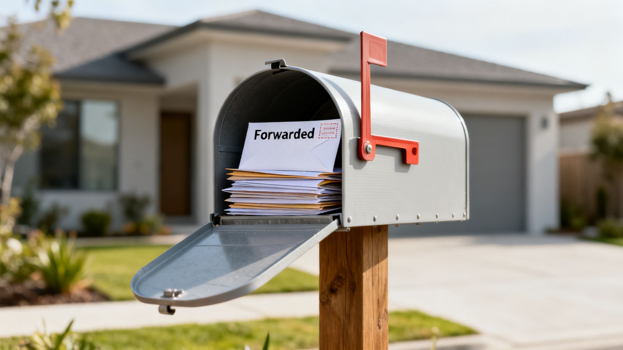 An open mailbox on a sunny day, filled with a stack of forwarded letters.