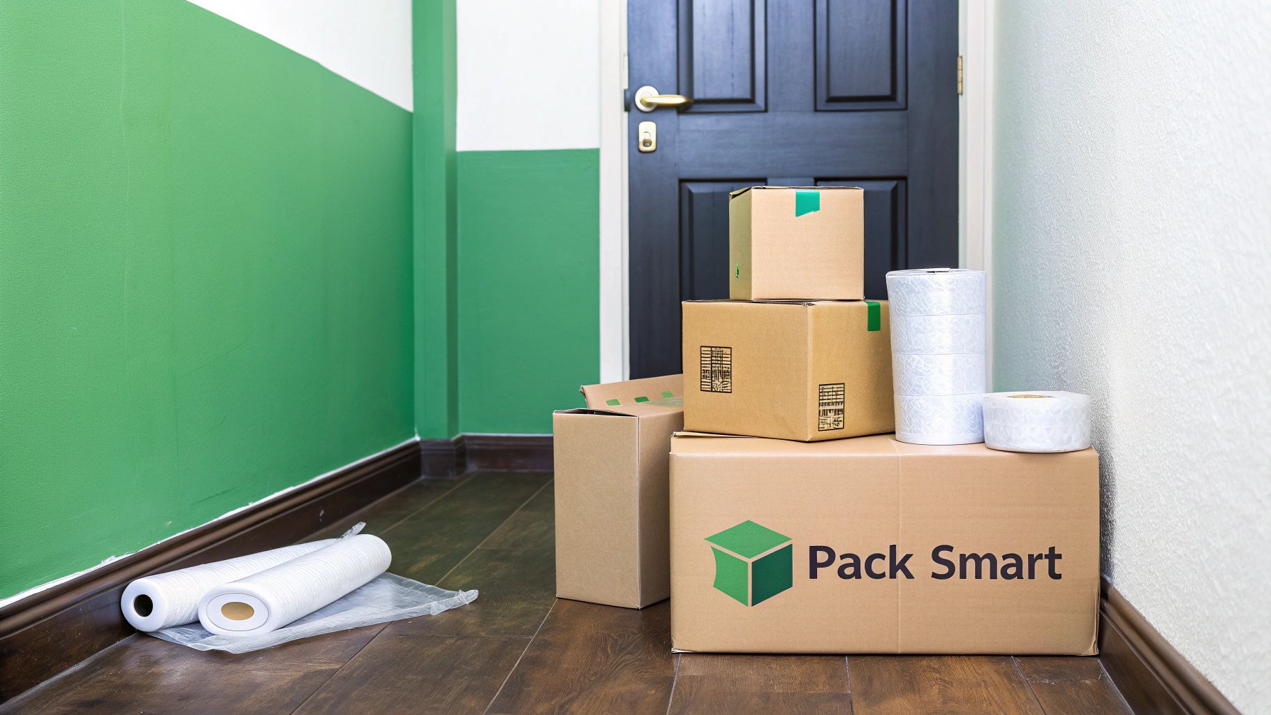 A person carefully packing a box with bubble wrap and other packing materials, with neatly labelled boxes in the background.