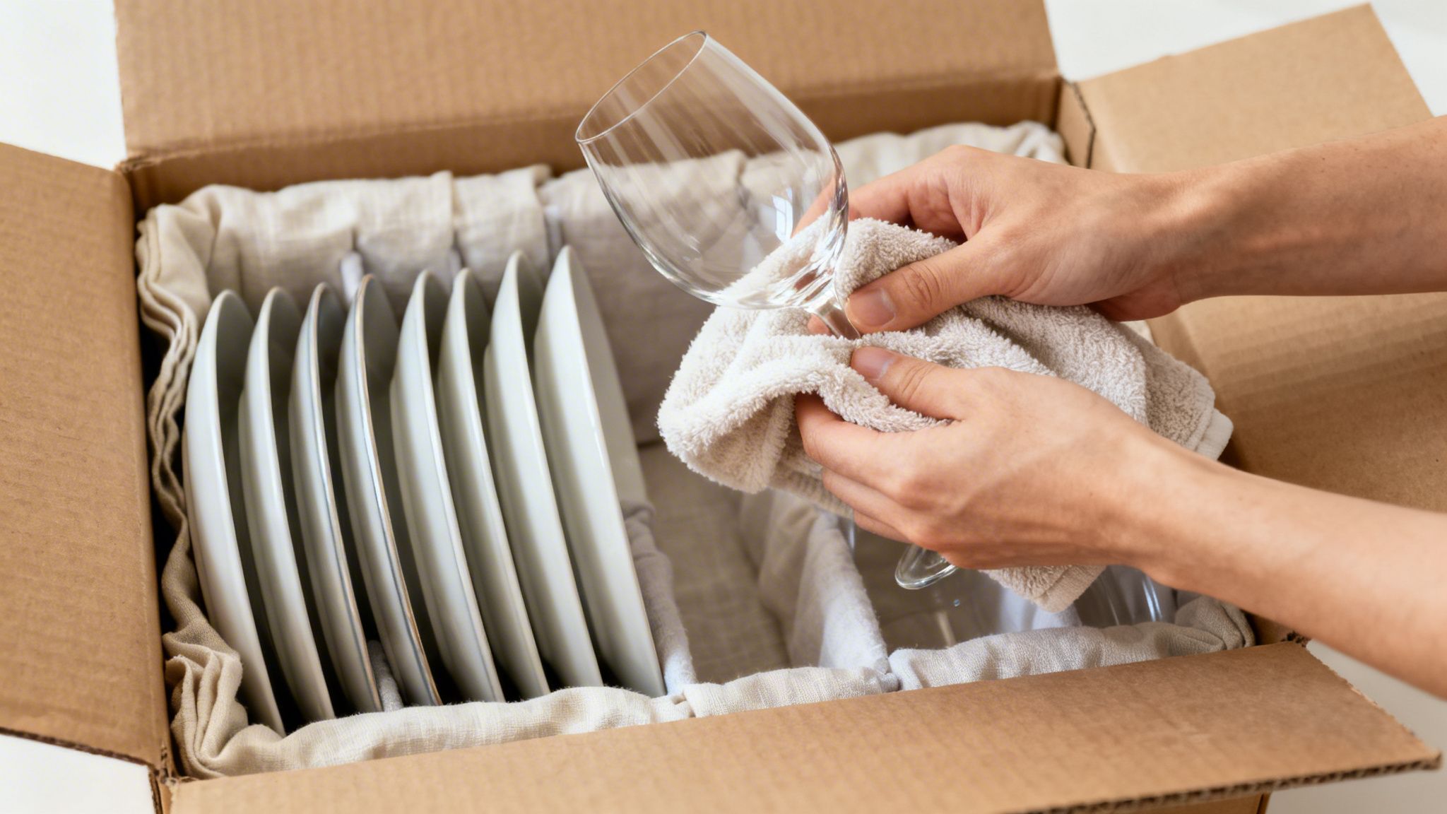 A person carefully wipes a wine glass with a towel, packing it into a box with plates.