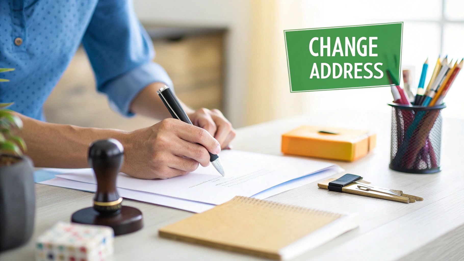 Person writing on paperwork with a pen, surrounded by a plant, stationery, and a visible sign reading "Change Address," reflecting organization tasks for a smooth moving process.