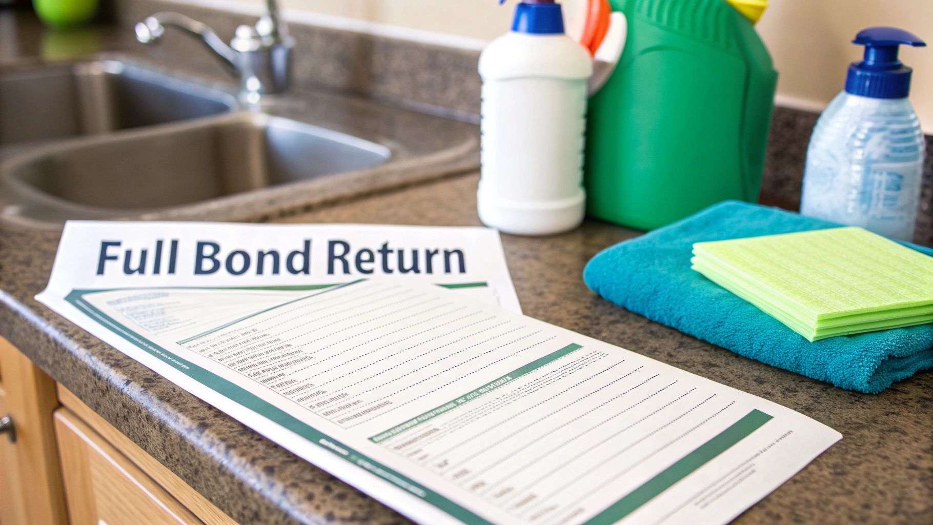 A 'Full Bond Return' document on a kitchen counter with cleaning supplies and a sink in the background.