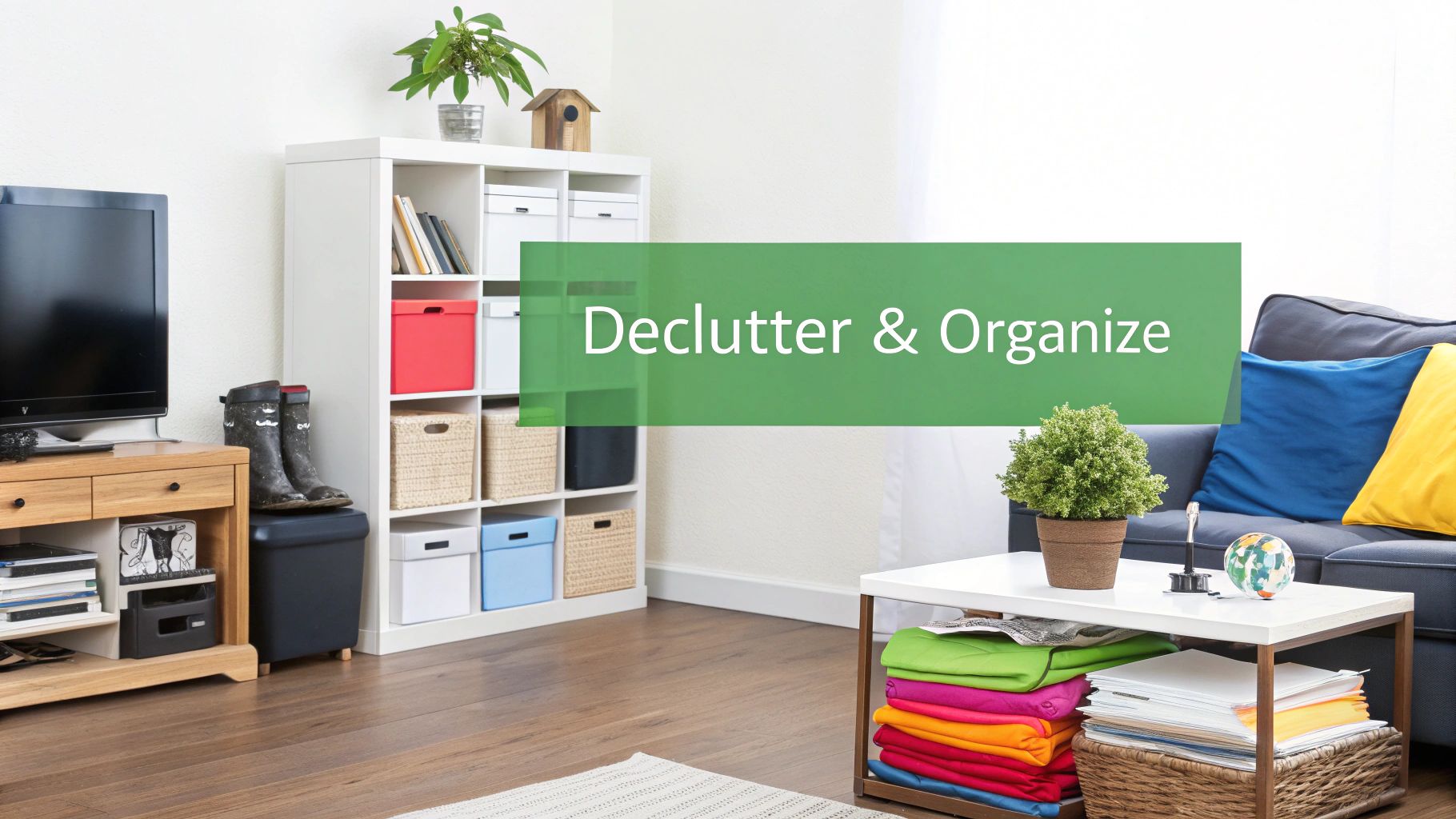 A neatly organised room with boxes labelled 'Keep', 'Donate', and 'Sell', showing the decluttering process in action.