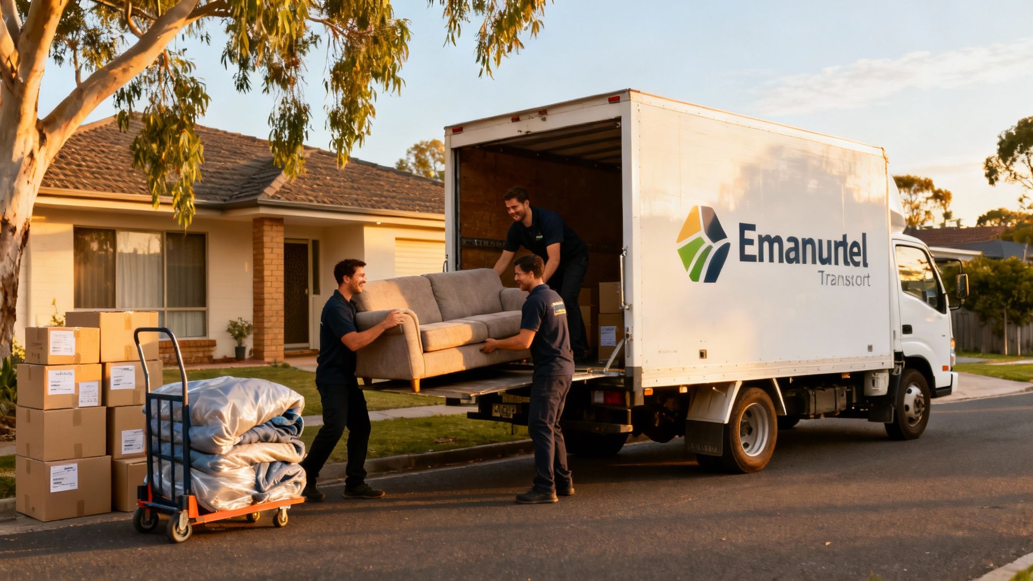 Three movers loading a grey sofa into a white Emanurtel Transport moving truck at a house.