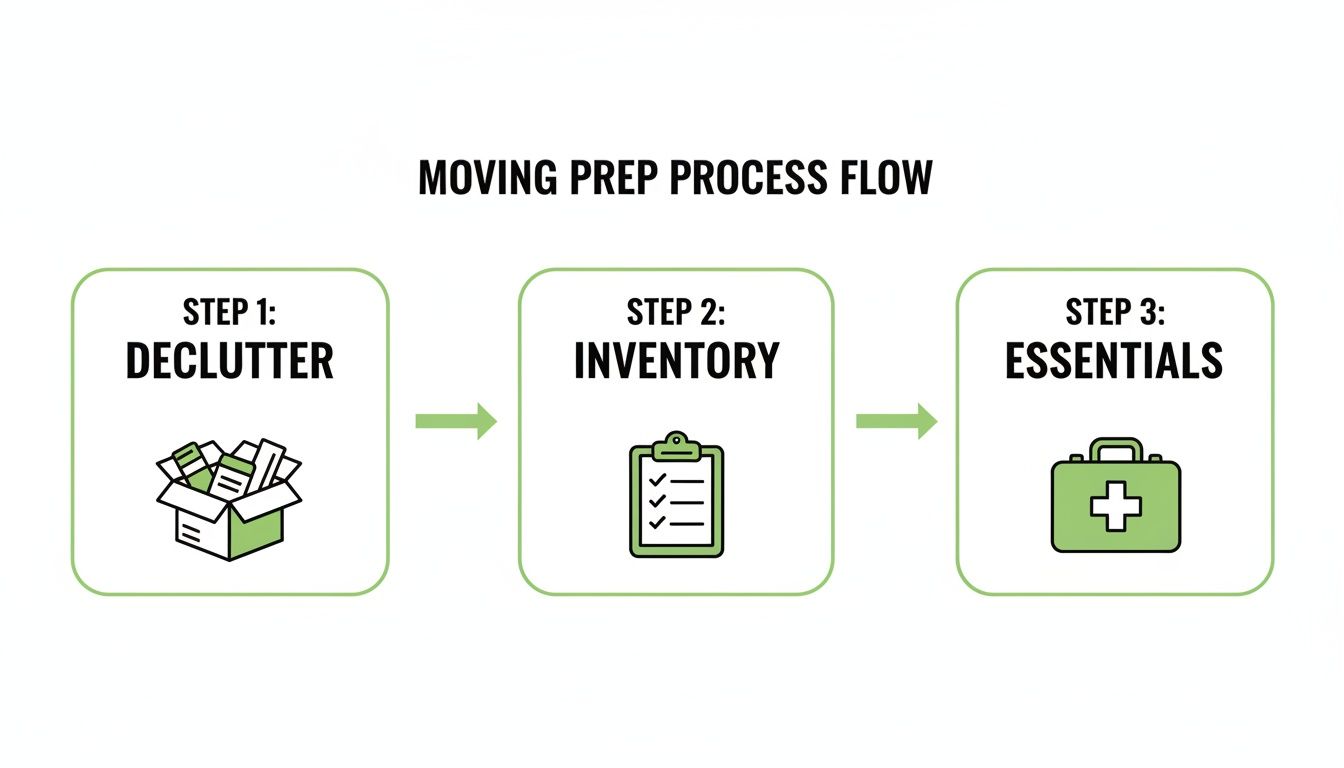 Flowchart illustrating a three-step moving preparation process: Declutter, Inventory, and Essentials.