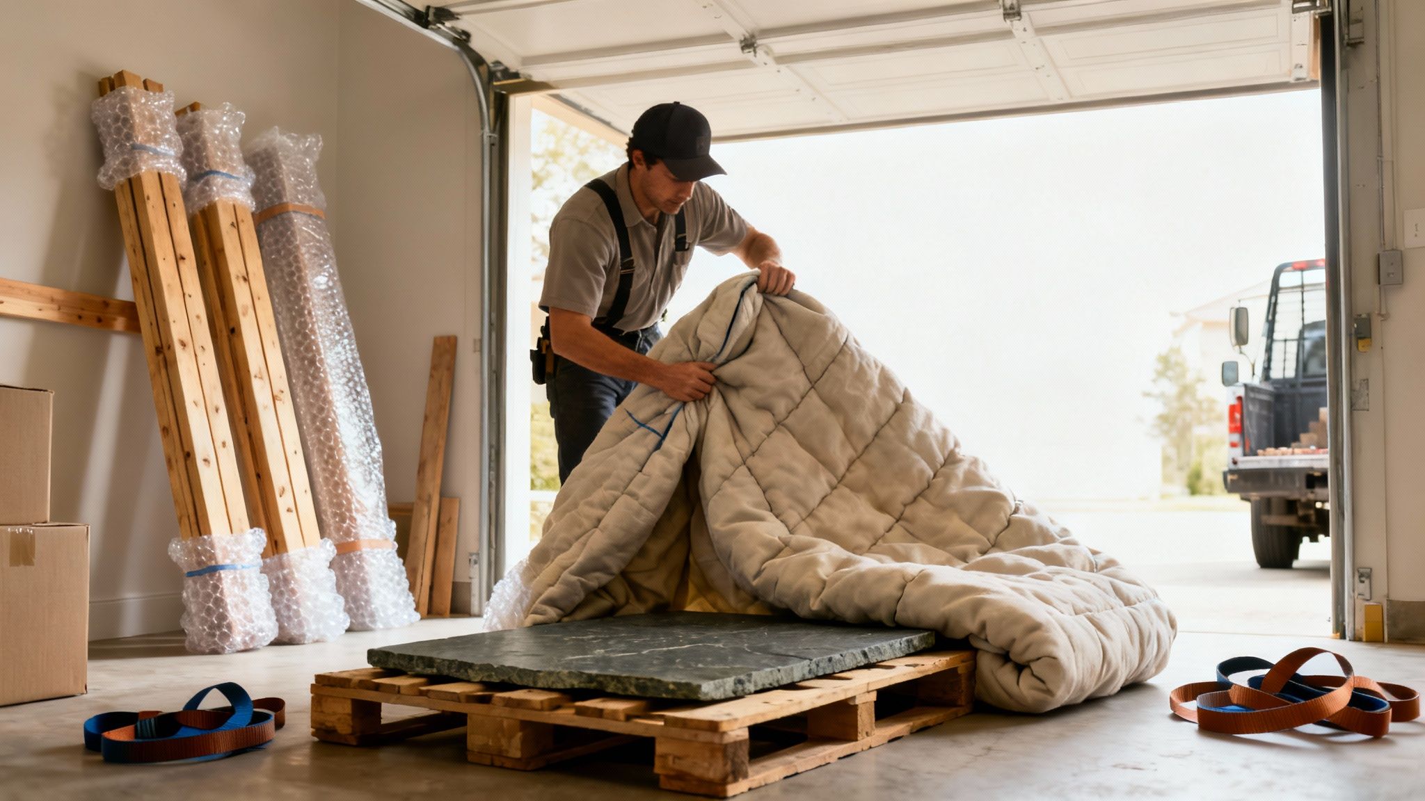 A man covers a heavy stone slab on a wooden pallet with a moving blanket in a garage.