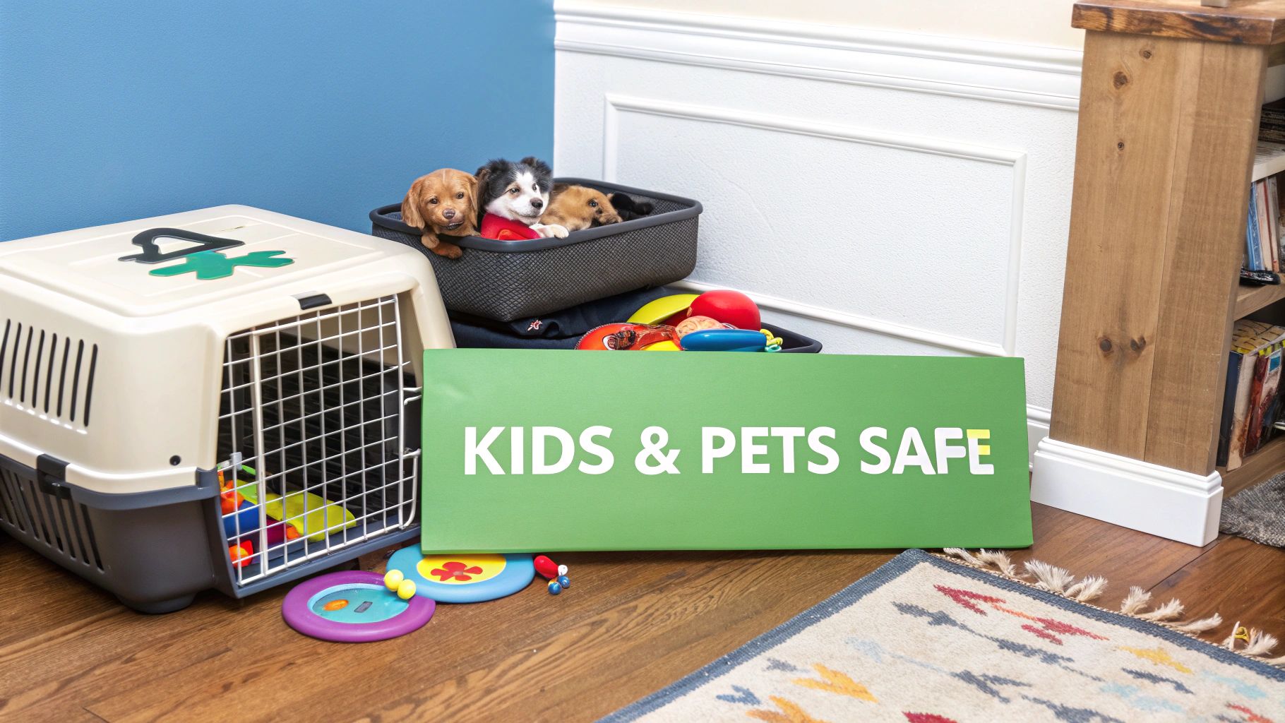 A happy dog sitting in a moving box next to a young child, illustrating the need to plan for pets and kids during a move.