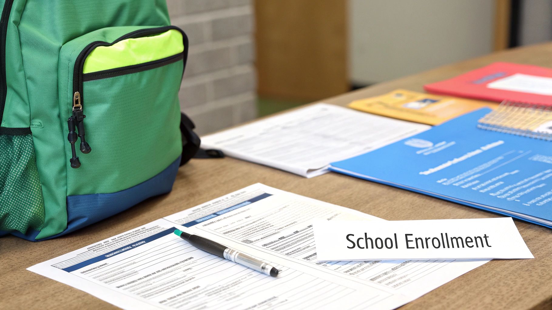 Green backpack beside school enrollment forms and documents on a table, emphasizing the importance of organizing paperwork for children's school registration during a move.
