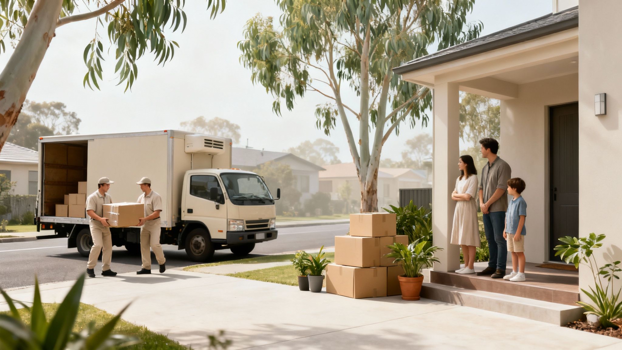 A family watches as movers unload boxes from a truck into their new home.